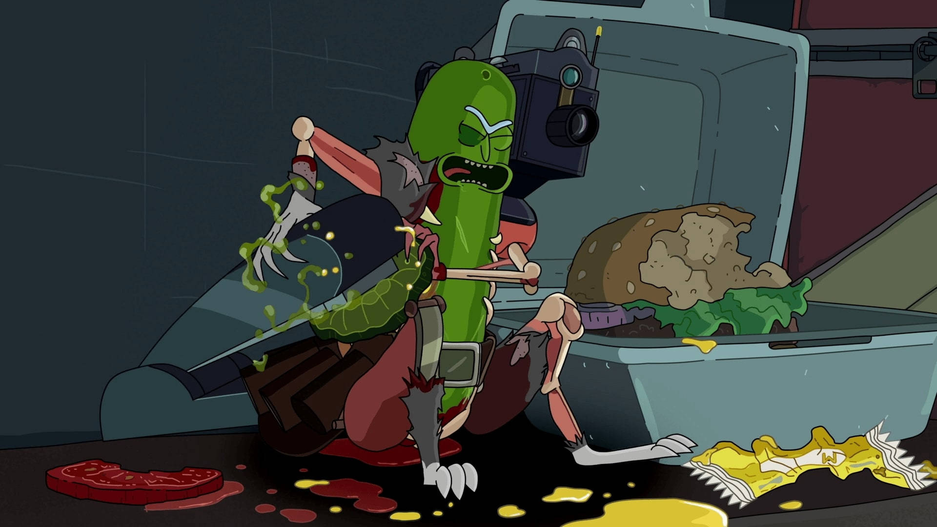 rick 桌布 壁紙 — 一個綠色醃黃瓜角色在黑暗的房間裡，被食物殘渣包圍，用錘子猛烈地砸碎一個漢堡。