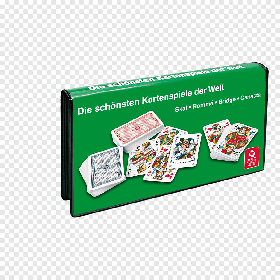 Playing Cards 桌布 壁紙 — 一個綠色長方形盒子，在格子背景上展示各種帶有德文文字和遊戲名稱的撲克牌。