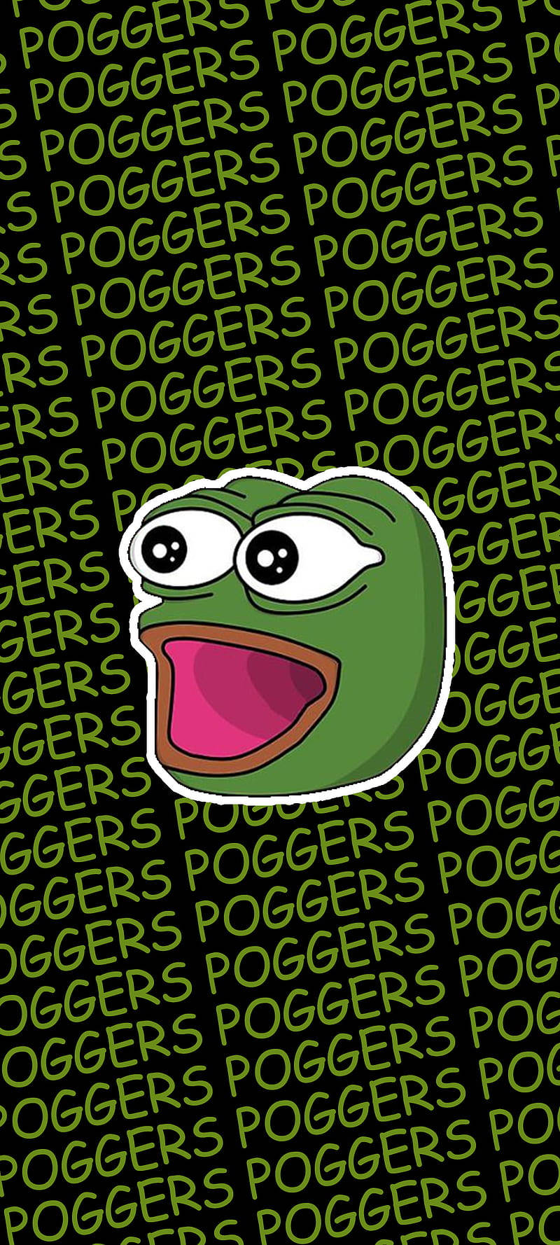 Pepe 桌布 壁紙 — 一個綠色青蛙迷因，眼睛睜大、嘴巴張開，居中在黑色背景上，背景充滿重複的萊姆綠色「POGGERS」文字。