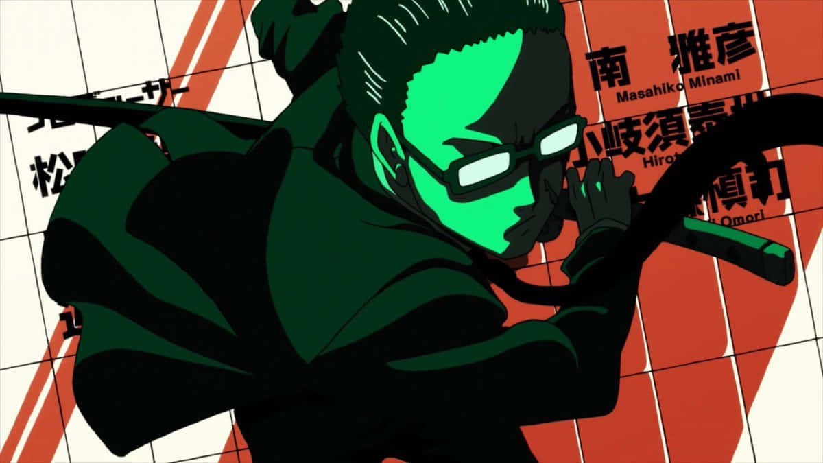 Yusuke Sakurai 桌布 壁紙 — 一個綠色面孔的動漫刺客身穿深色長袍，在帶有日文字的紅白網格背景上握著一把武士刀。