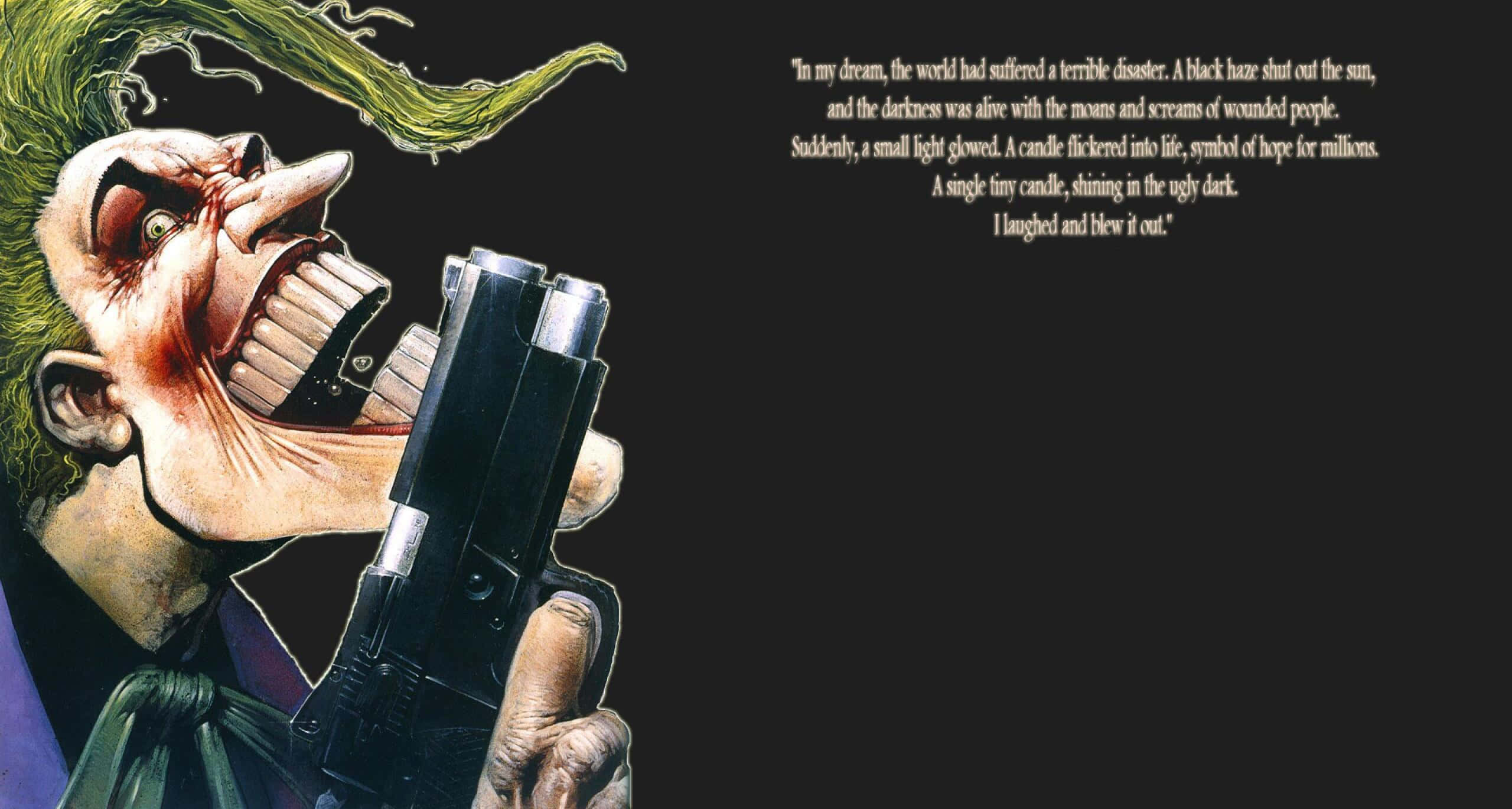 Joker Quotes 桌布 壁紙 — 一個綠色頭髮、咧嘴笑的威脅性小丑，在黑暗背景中手持手槍，附有一句關於熄滅希望的引言。
