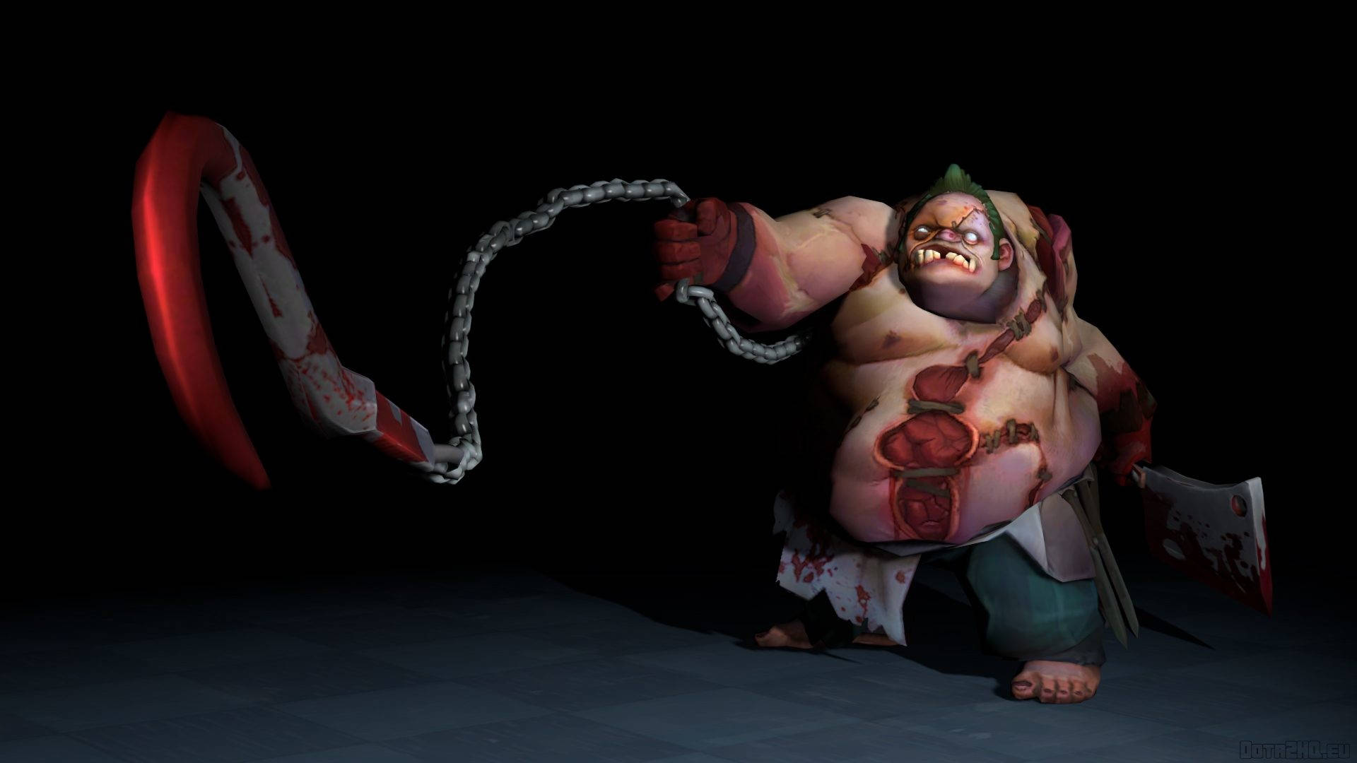 Dota 2 4K 桌布 壁紙 — 一個綠色頭髮、怪誕且肌肉發達的惡魔，在黑暗背景下揮舞著血淋淋的鎖鏈和鐮刀。