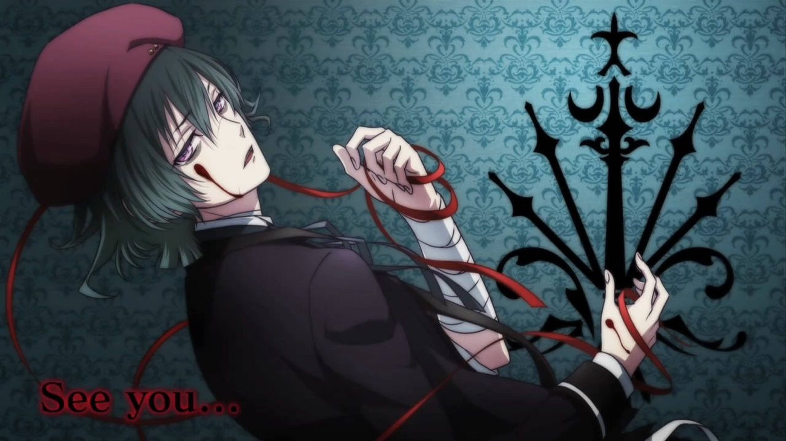 Diabolik Lovers 桌布 壁紙 — 一個綠色頭髮、戴紅色貝雷帽的動漫角色，在帶有黑色裝飾符號的藍綠色錦緞壁紙前拿著紅色絲帶。