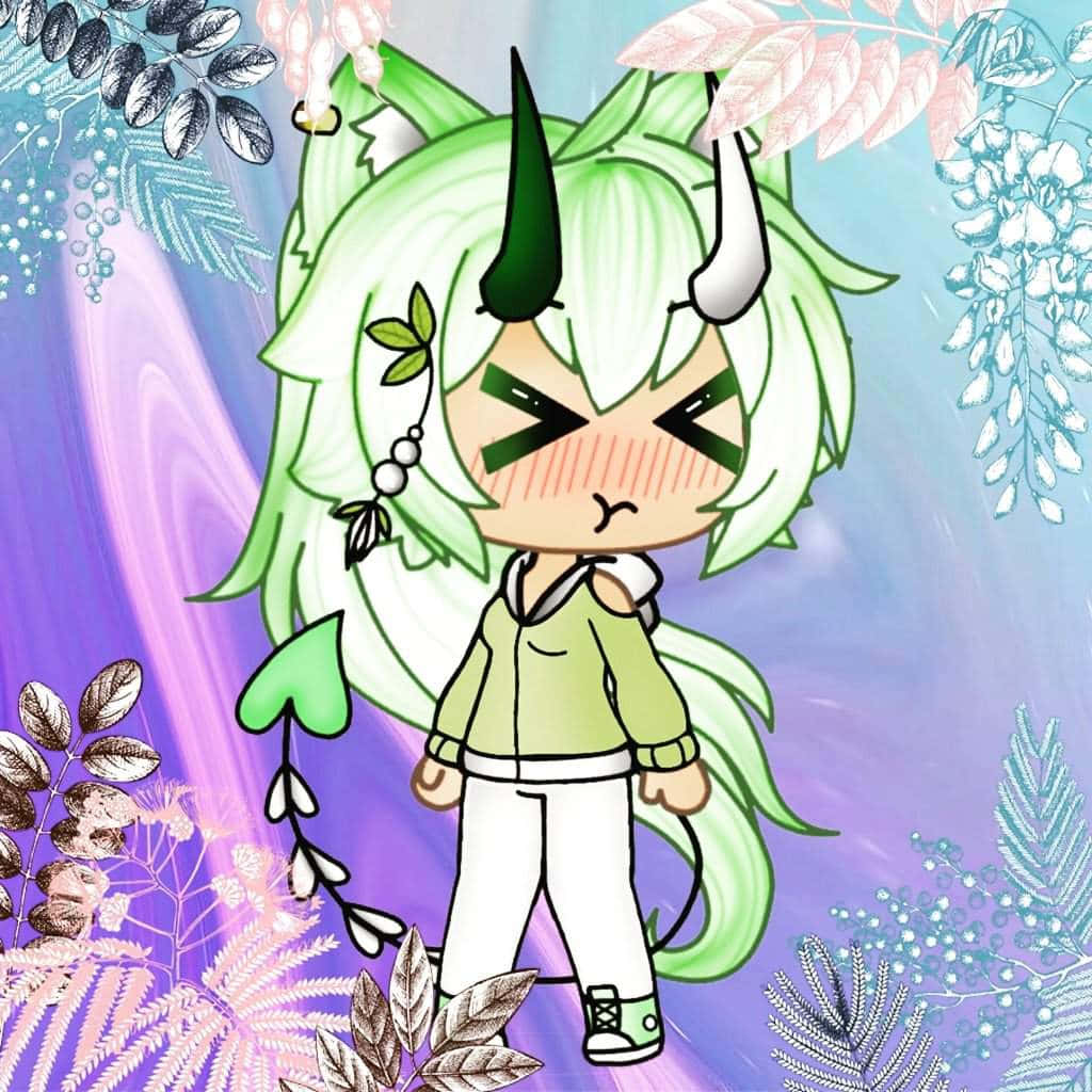 Gacha Life 桌布 壁紙 — 一個綠色頭髮、有角和葉子配飾的Q版角色，站在紫色和藍色漸變背景上的花卉圖案中。