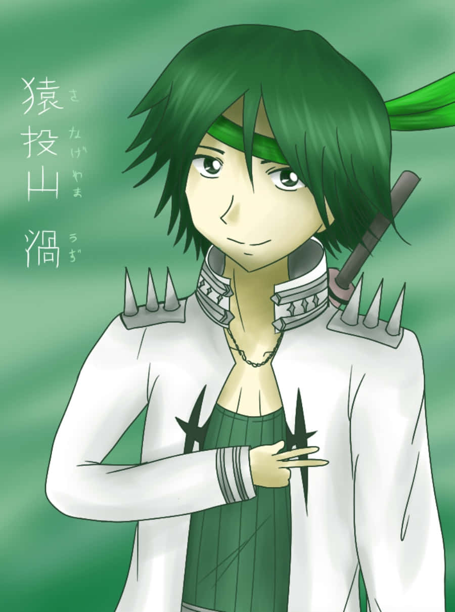 Uzu Sanageyama 桌布 壁紙 — 一個綠色頭髮、背上背著劍的動漫角色，自信地站在柔和的綠色漸變背景前。