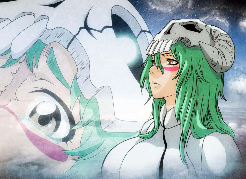 Nelliel Tu Odelschwanck 桌布 壁紙 — 一個綠色頭髮、長著公羊角的動漫角色，在繁星點點的夜空下，凝視著一個巨大的頭骨。