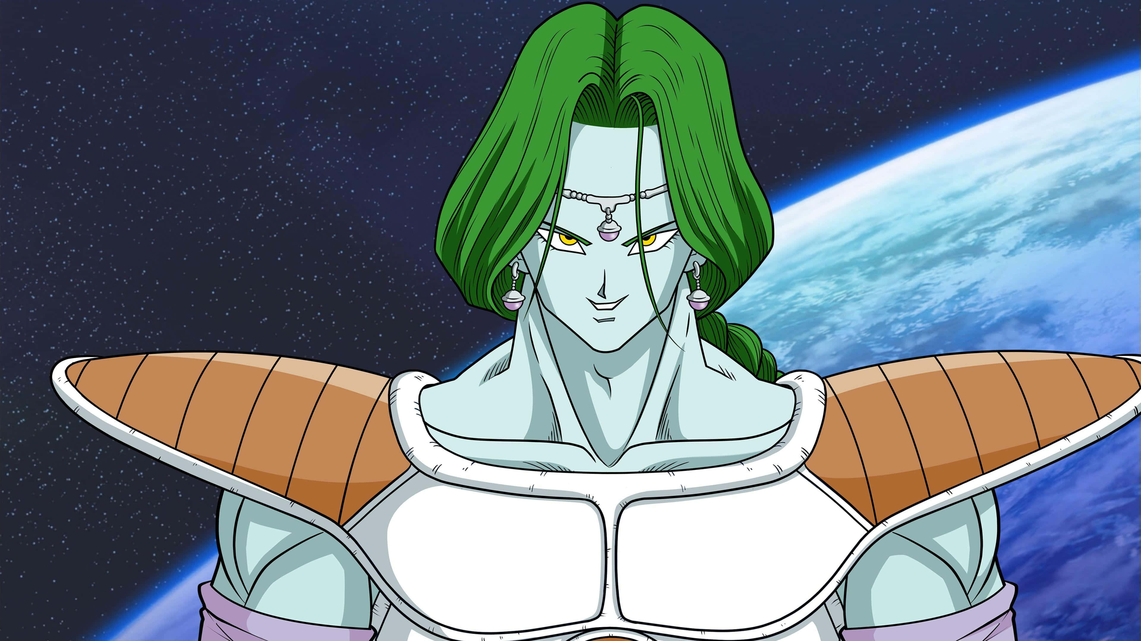 Zarbon 桌布 壁紙 — 一個綠色頭髮、黃色眼睛、穿著翼狀盔甲的動漫角色，站在有藍色行星的星空太空背景前。