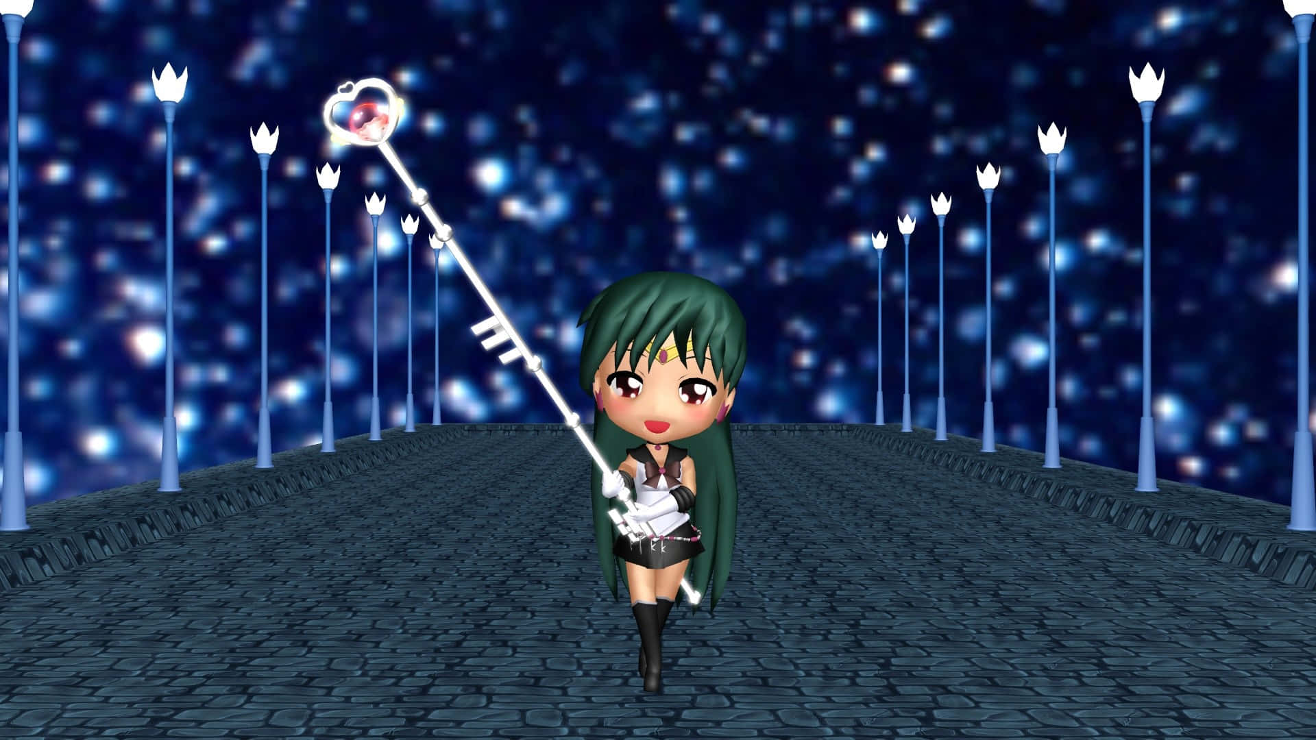Sailor Pluto 桌布 壁紙 — 一個綠色頭髮的Q版動漫女孩在星空下的鵝卵石橋上拿著發光的鑰匙。