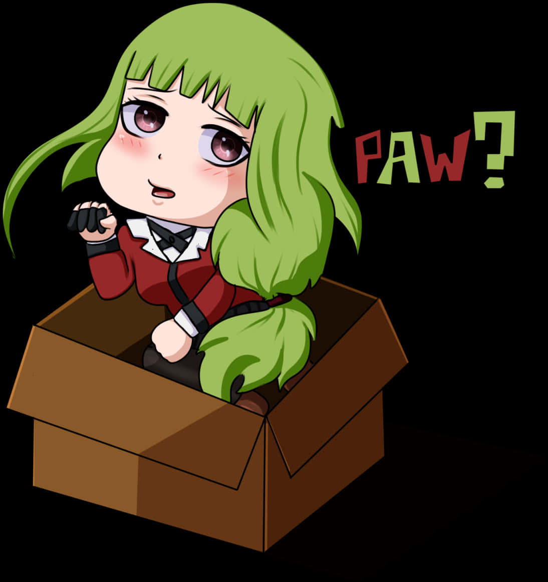 Kakegurui 桌布 壁紙 — 一個綠色頭髮的Q版動漫女孩坐在紙箱裡，表情驚訝，旁邊漂浮著「PAW?」這個詞。