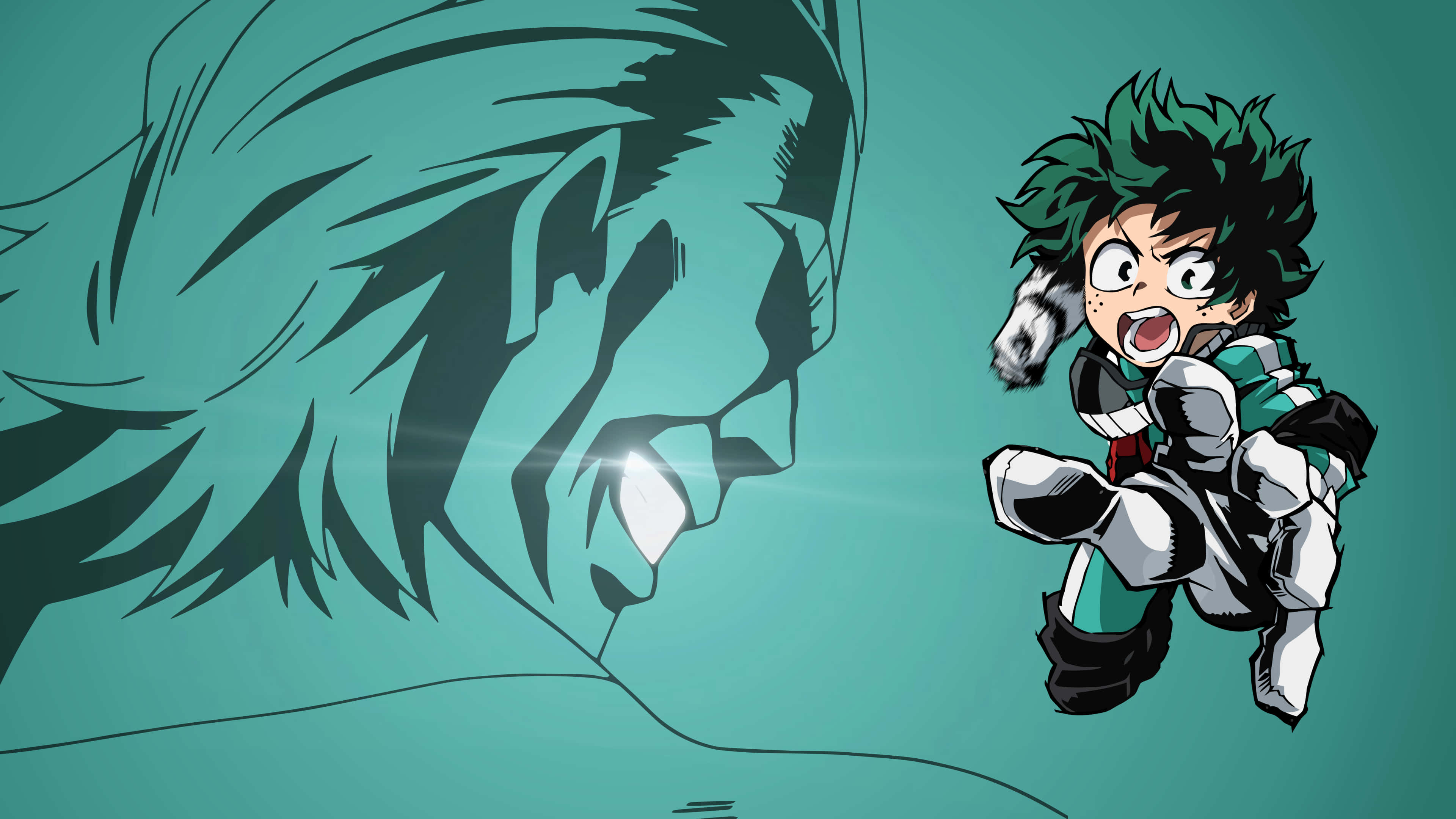 Cute My Hero Academia 桌布 壁紙 — 一個綠色頭髮的Q版動漫英雄在青綠色背景上，在一個巨大的陰影臉旁充滿活力地跳躍。