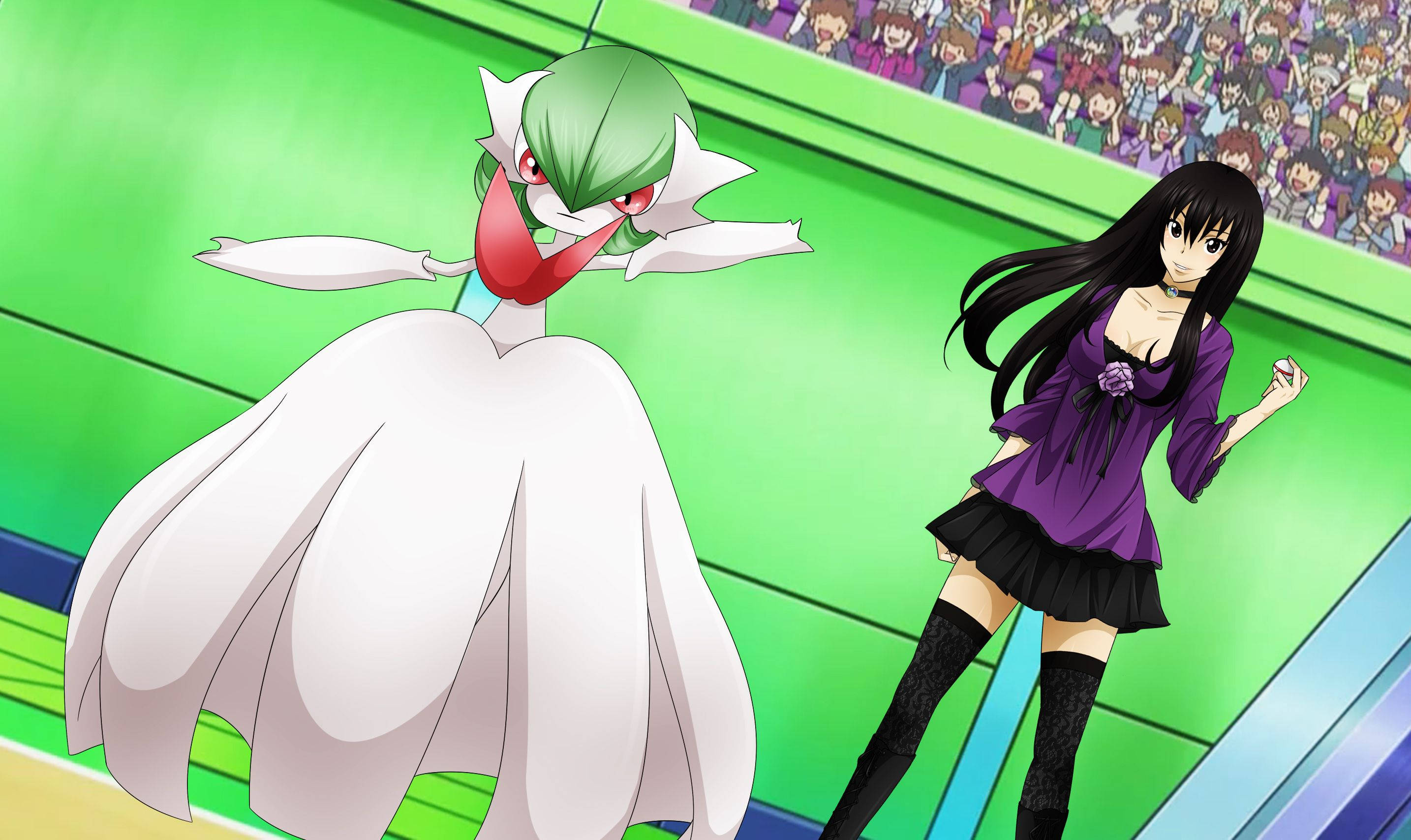 Gardevoir 桌布 壁紙 — 一個綠色頭髮的動漫女孩穿著紫色服裝，站在一隻白色和綠色的寶可夢旁邊，身後是充滿活力的綠色體育場舞台和歡呼的人群。