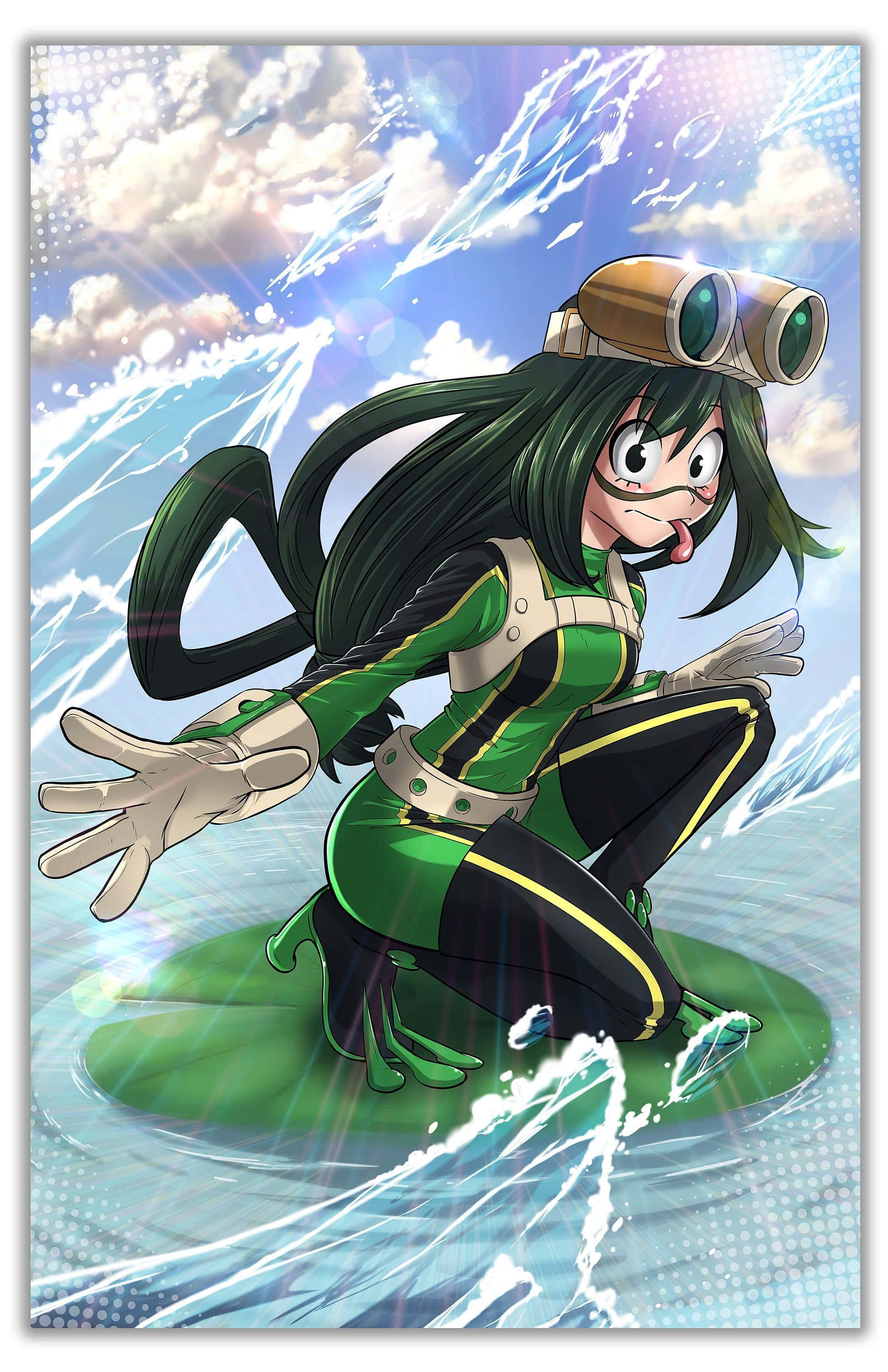 Froppy 桌布 壁紙 — 一個綠色頭髮的動漫女孩穿著綠色和黑色的套裝，蹲在水平台上，頭上戴著護目鏡，在明亮的天空下，水花在她周圍飛濺。