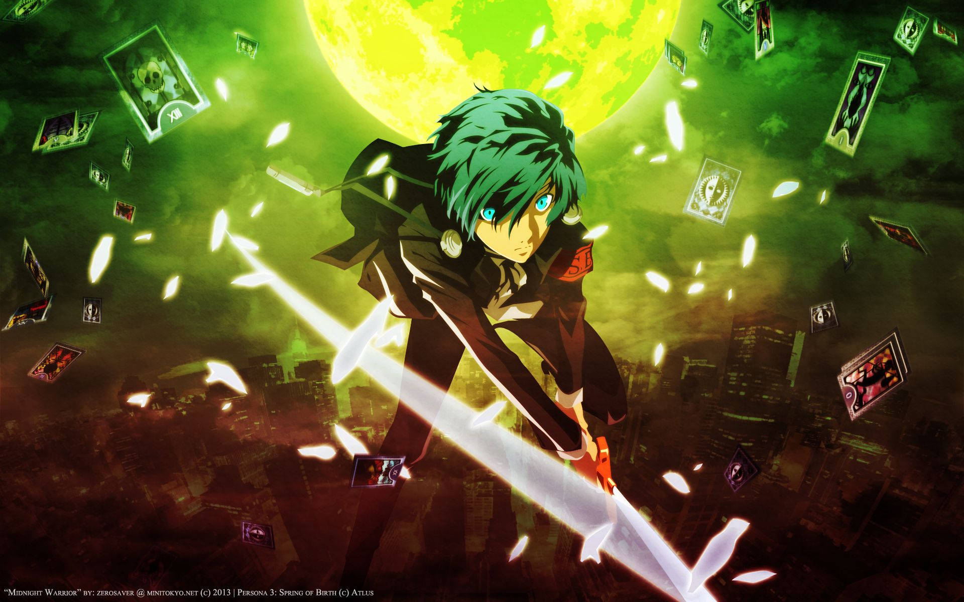 Persona 3 桌布 壁紙 — 一個綠色頭髮的動漫戰士在巨大的黃色月亮下用發光的劍斬過漂浮的卡片。