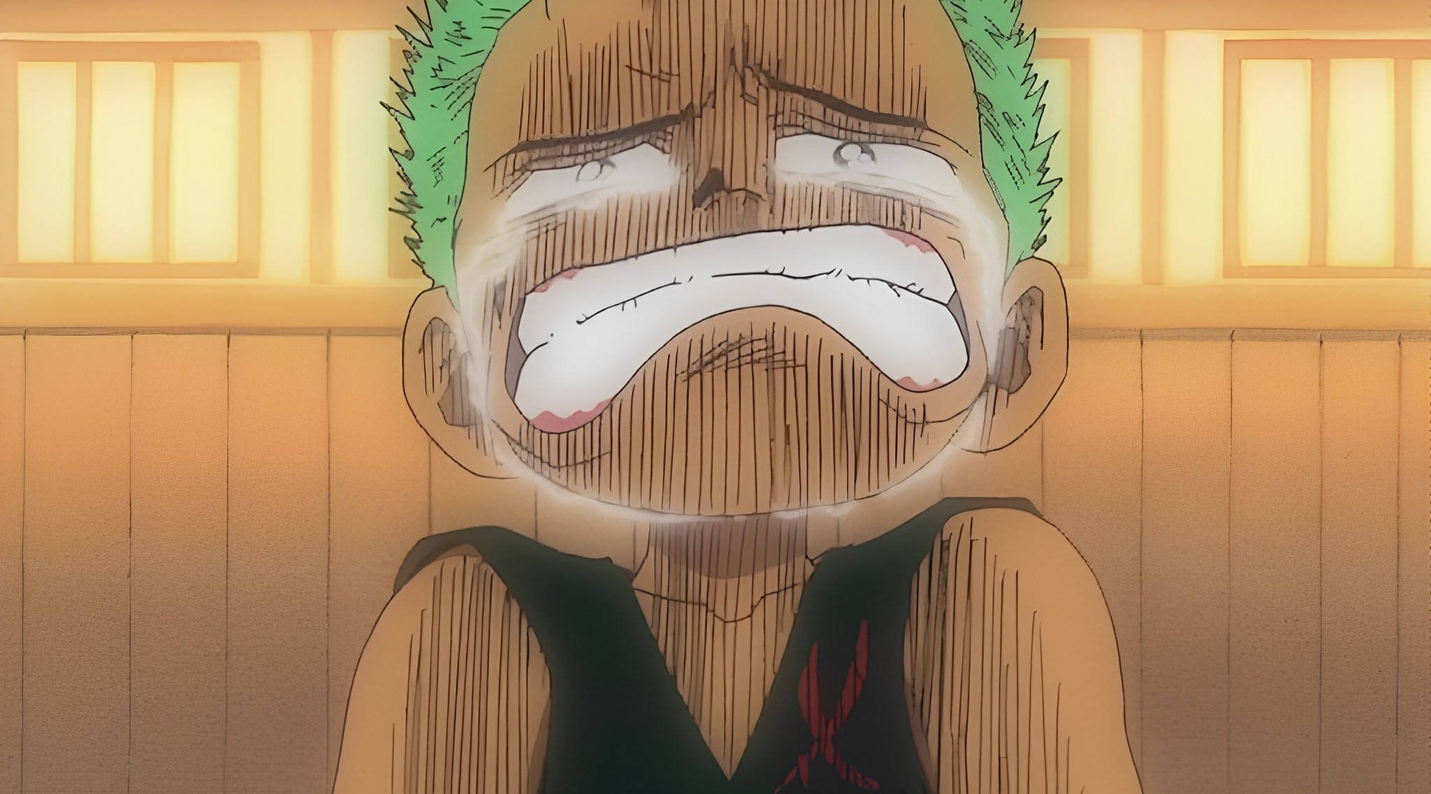 anime crying 桌布 壁紙 — 一個綠色頭髮的動漫角色在溫暖照明的木房間中激烈哭泣，淚水順著臉頰流下。