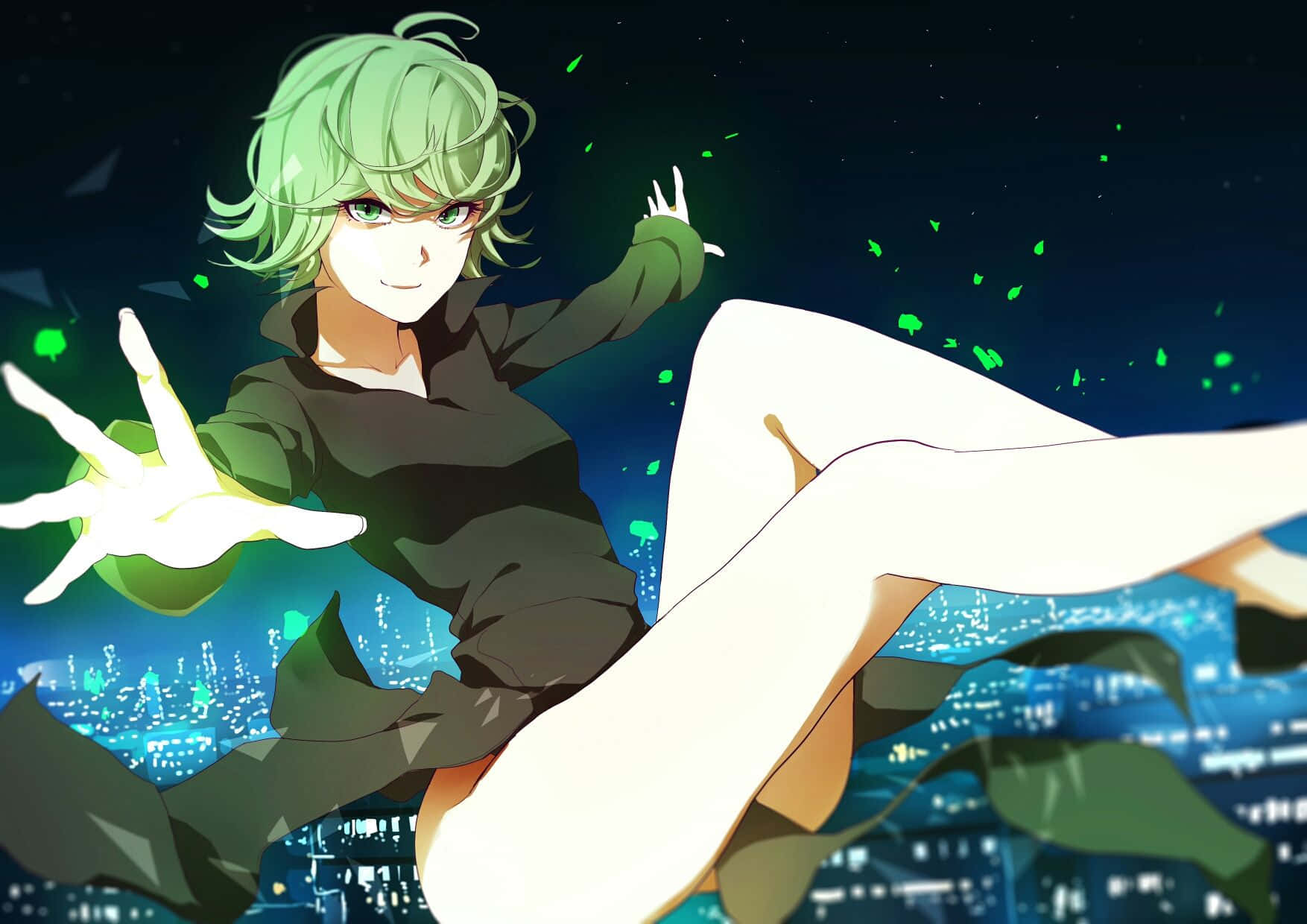 Tatsumaki 桌布 壁紙 — 一個綠色頭髮的動漫角色漂浮在發光的城市上空，周圍有發光的綠色粒子旋轉。