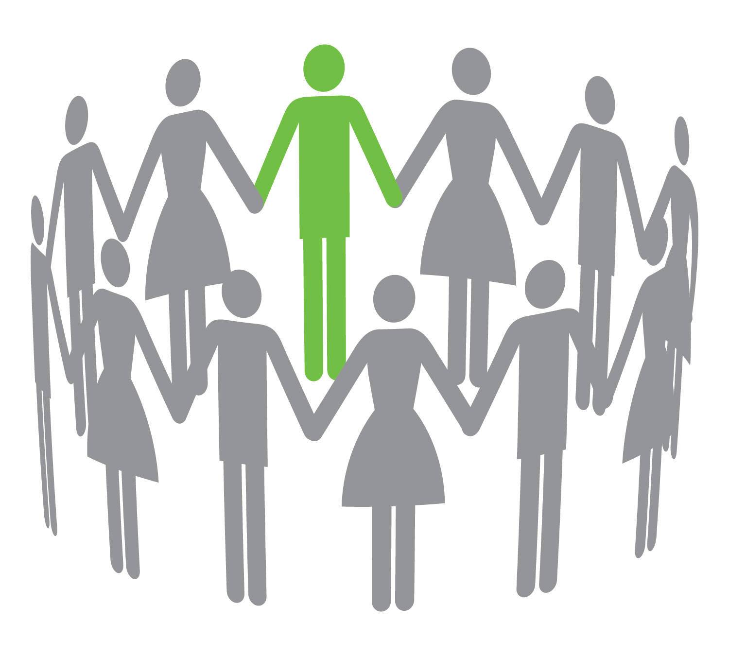 Hand In Hand 桌布 壁紙 — 一個綠色風格化的人物站在一圈灰色人形手牽手的中心，象徵團結。