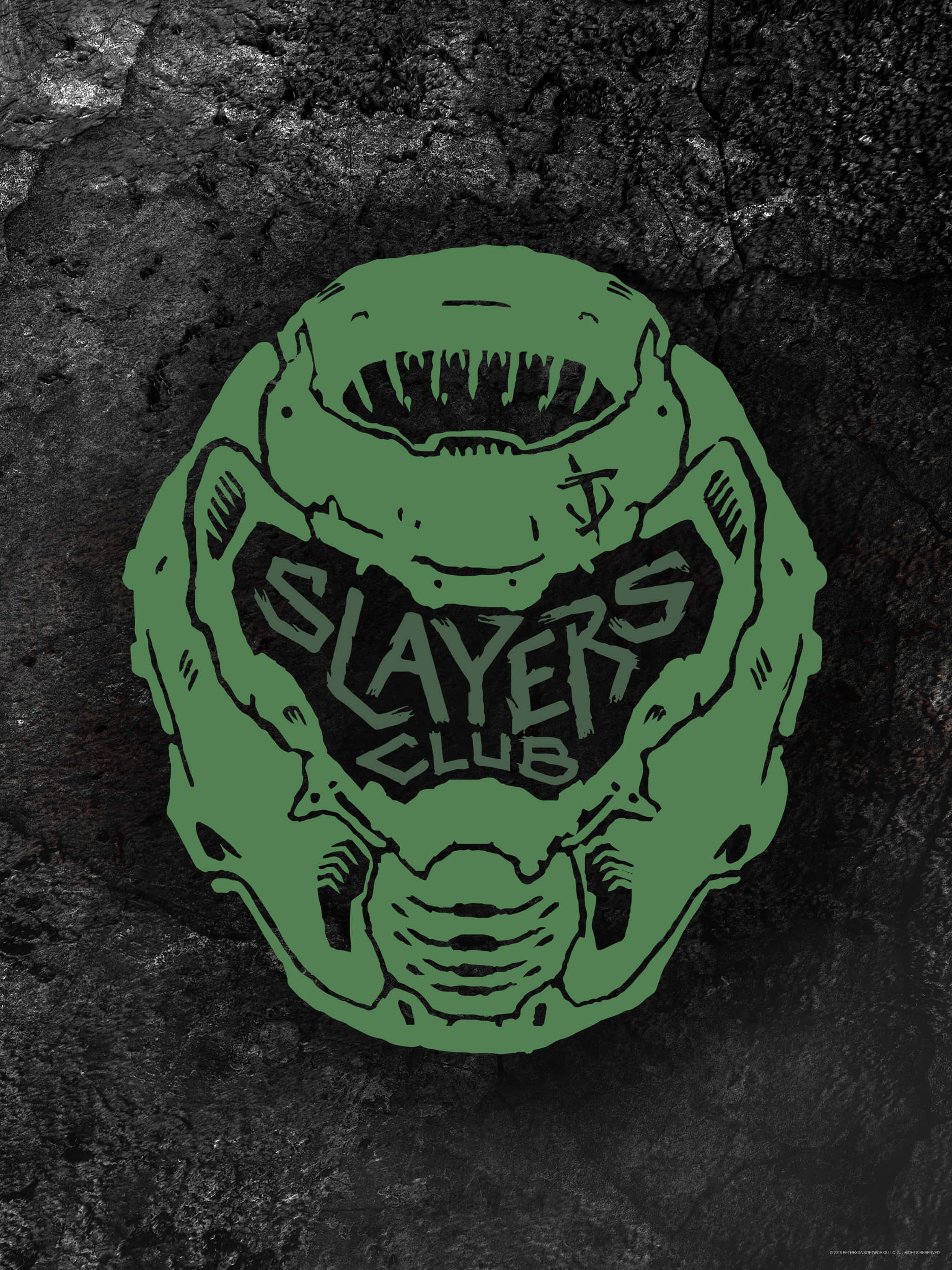 人像動態 桌布 壁紙 — 一個綠色風格化的頭盔，帶有鋒利的牙齒和 'SLAYERS CLUB' 文字，背景為裂紋深色。