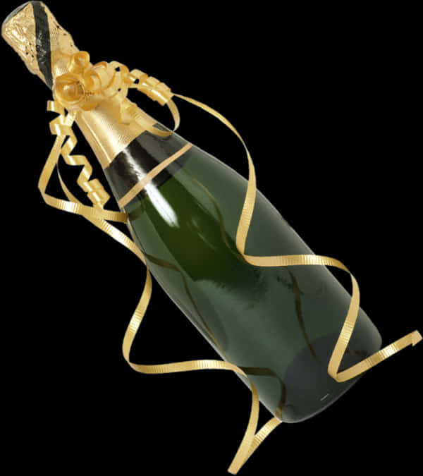 Champagne 桌布 壁紙 — 一個綠色香檳瓶，飾有金色絲帶和箔紙，背景為黑色。