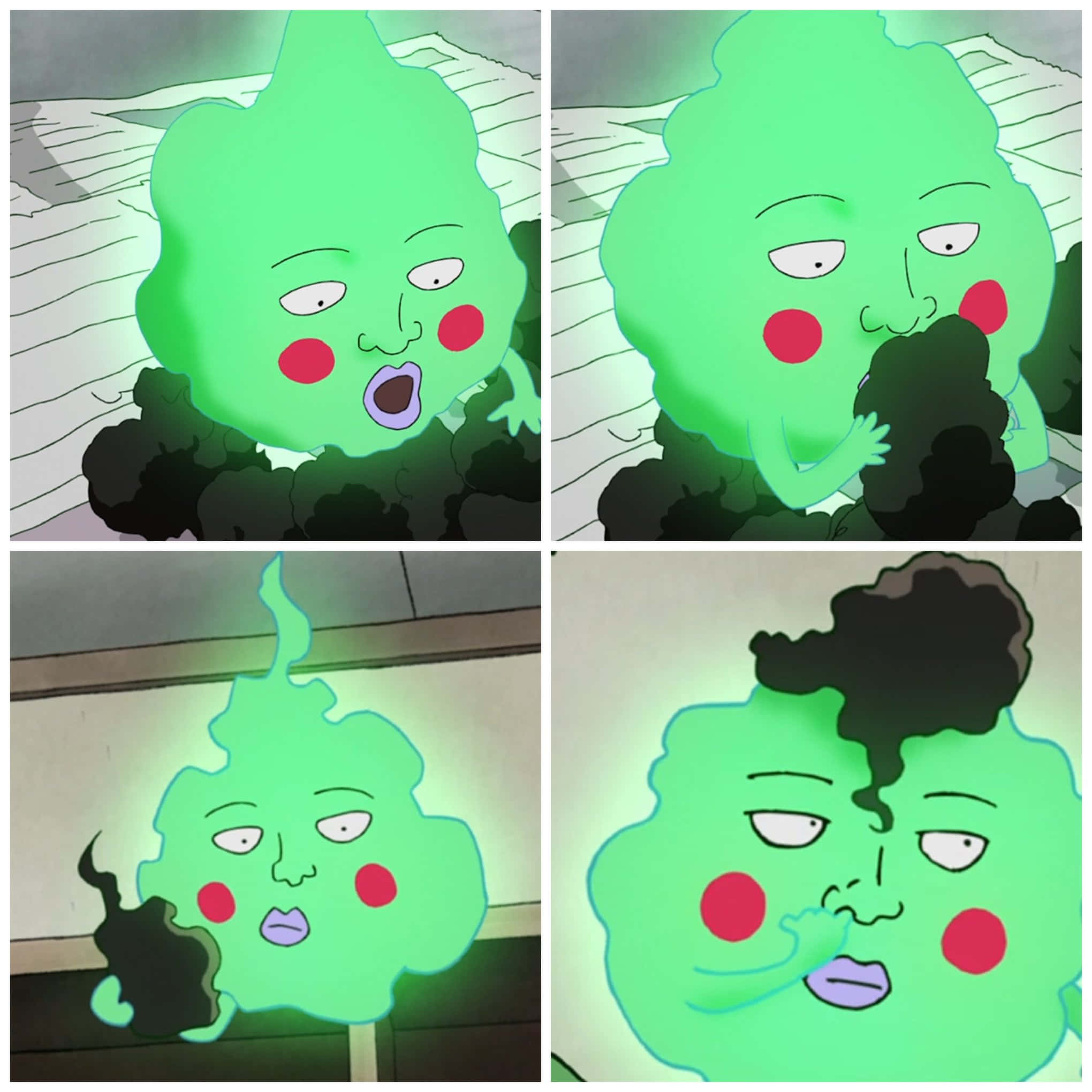 Mob Psycho 100 Ekubo 桌布 壁紙 — 一個綠色鬼魂角色，有紅色臉頰和黑色煙霧，在四個面板中與條紋背景互動。