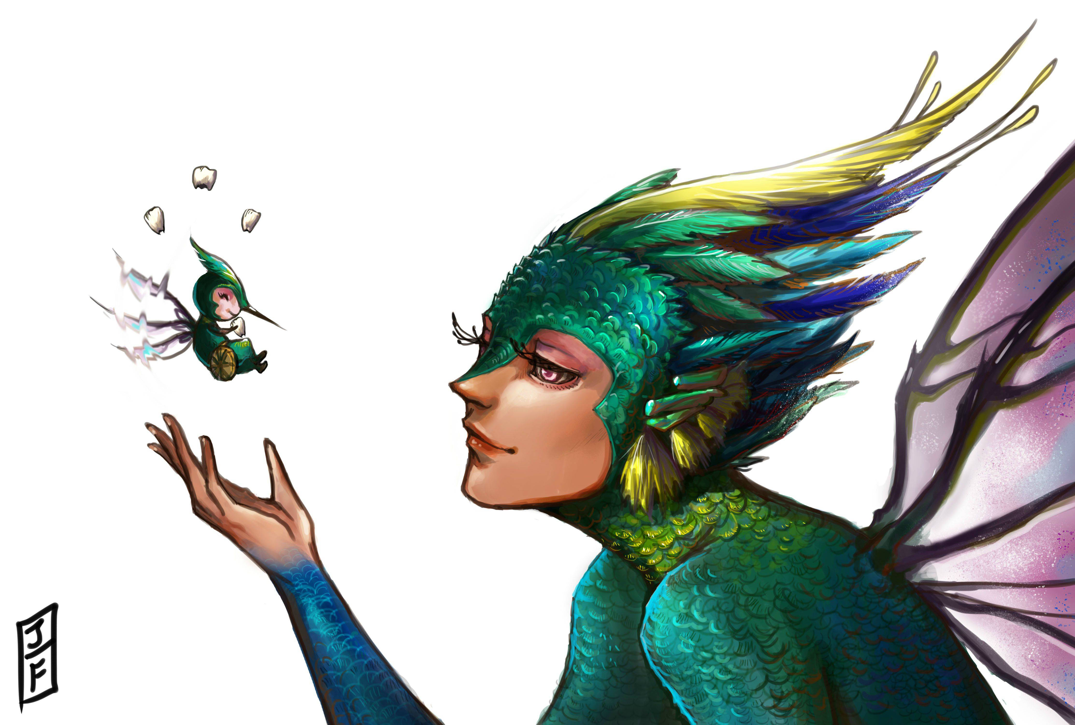 Painting Desktop 桌布 壁紙 — 一個綠色鱗片的仙子，擁有鮮豔的翅膀，輕輕地捧著一個漂浮在她伸出的手附近的小生物。