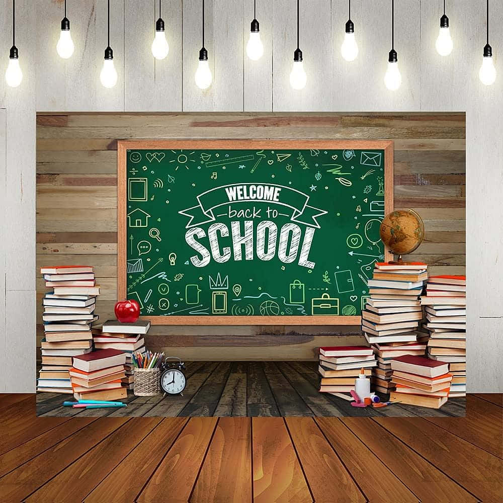 books 桌布 壁紙 — 一個綠色黑板，上面寫著「WELCOME back to SCHOOL」，周圍環繞著成堆的書籍、地球儀和懸掛的燈泡，位於質樸的木製教室中。