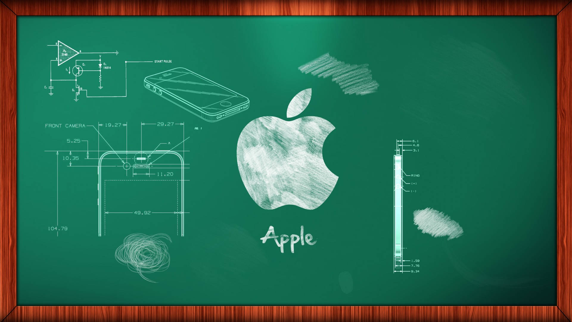 Chalkboard 桌布 壁紙 — 一個綠色黑板，上面有白色粉筆繪製的Apple標誌電話原理圖和尺寸，鑲嵌在木框中。