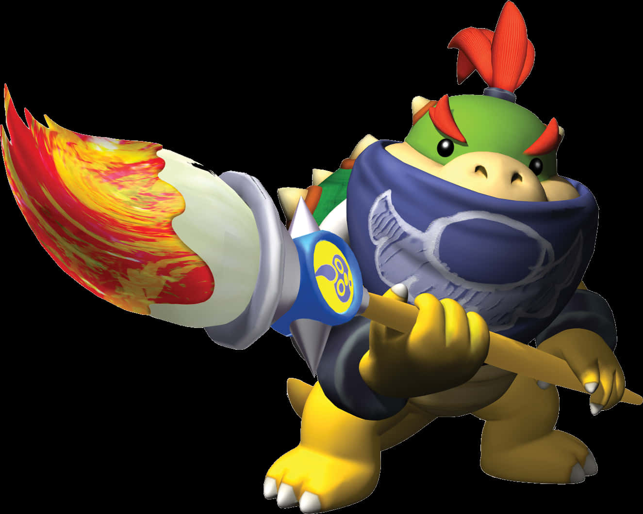 bowser 桌布 壁紙 — 一個綠色龜狀角色，長有紅色角，戴著藍色圍巾，在黑色背景前揮舞著一把火焰長矛。