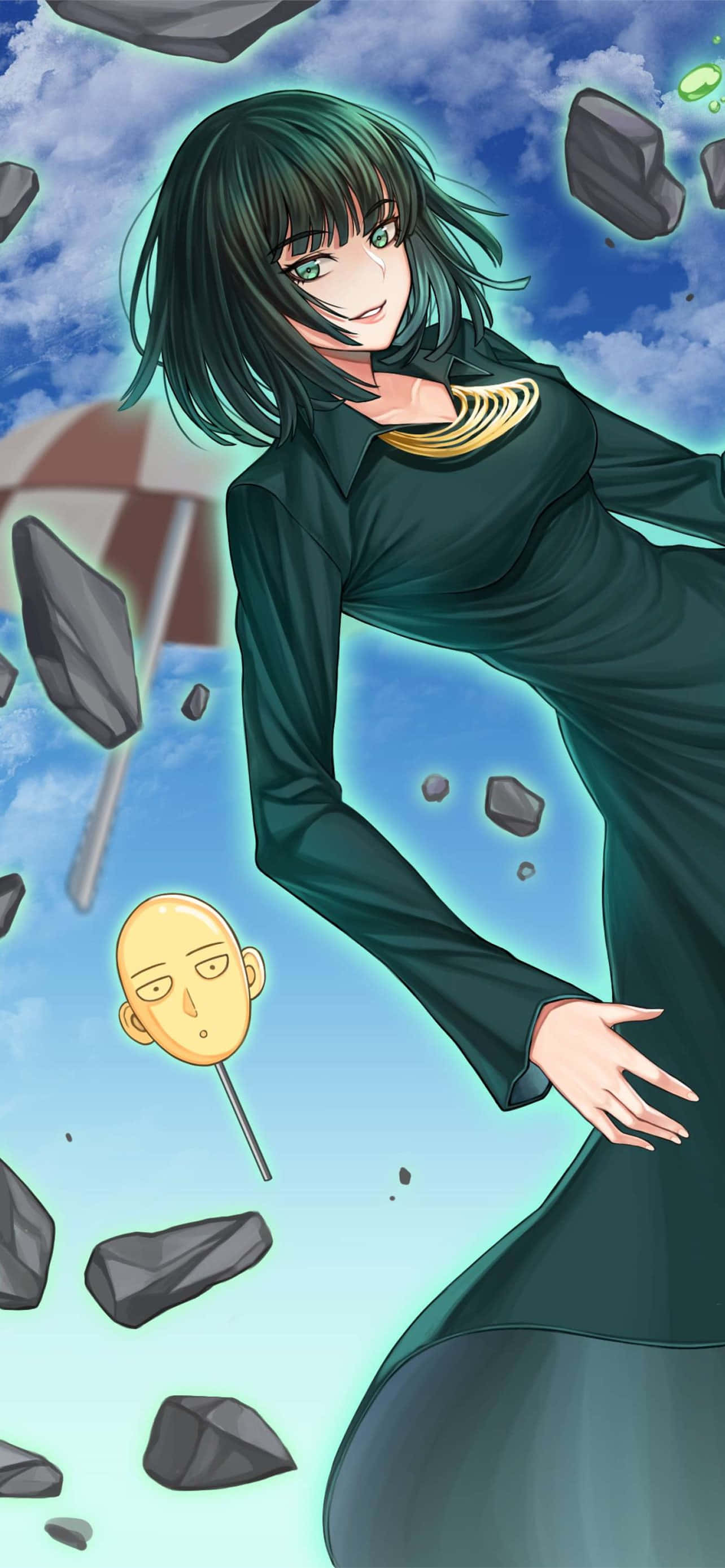 Fubuki 桌布 壁紙 — 一個綠髮、眼睛發光的動漫女孩在藍天下漂浮在浮石和一個漂浮的光頭之間。