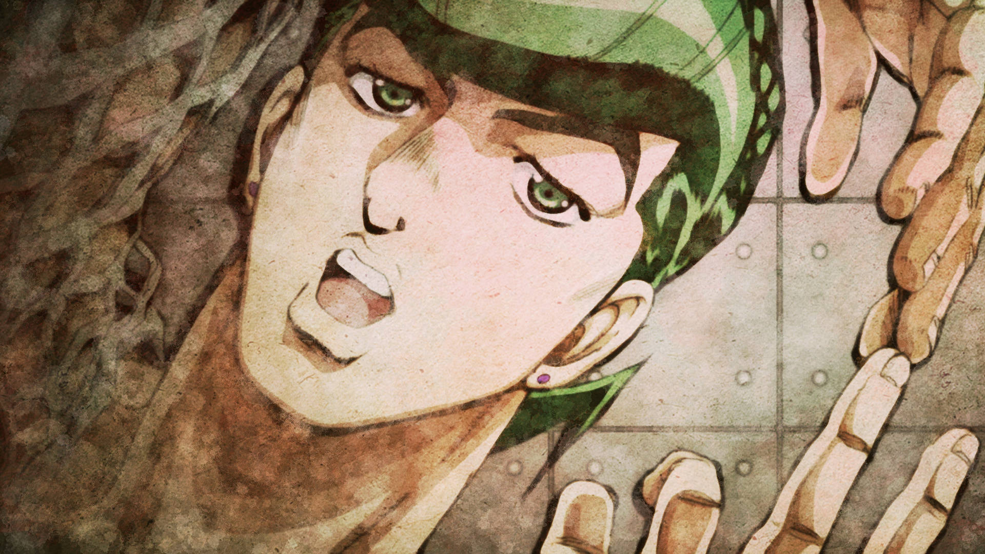 Josuke 桌布 壁紙 — 一個綠髮、眼神銳利的動漫角色特寫，鎖鏈纏住他的臉和手，正在尖叫。