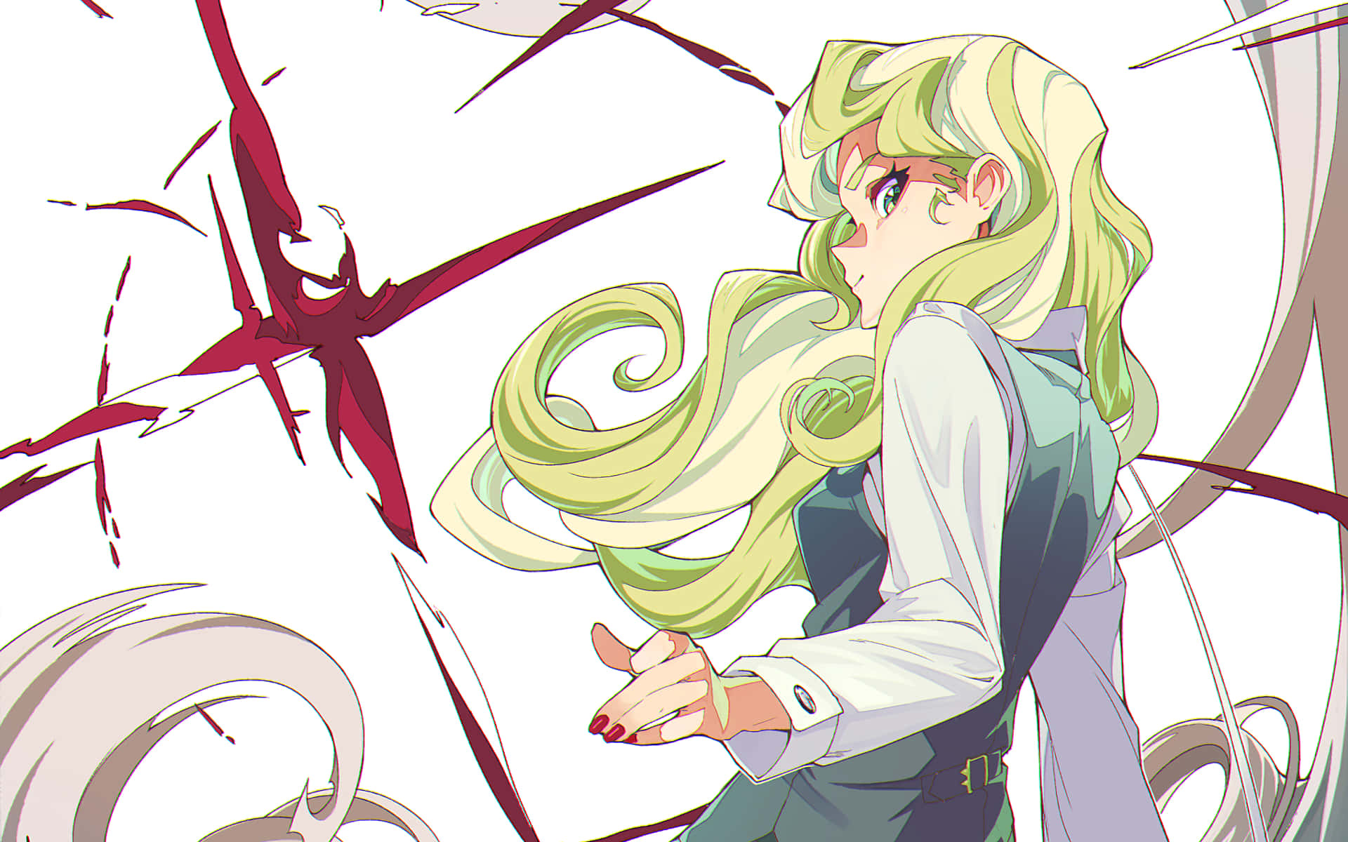 動漫女孩 桌布 壁紙 — 一個綠髮動漫女孩穿著校服，在純白背景前揮舞旋轉的紅色能量刃。