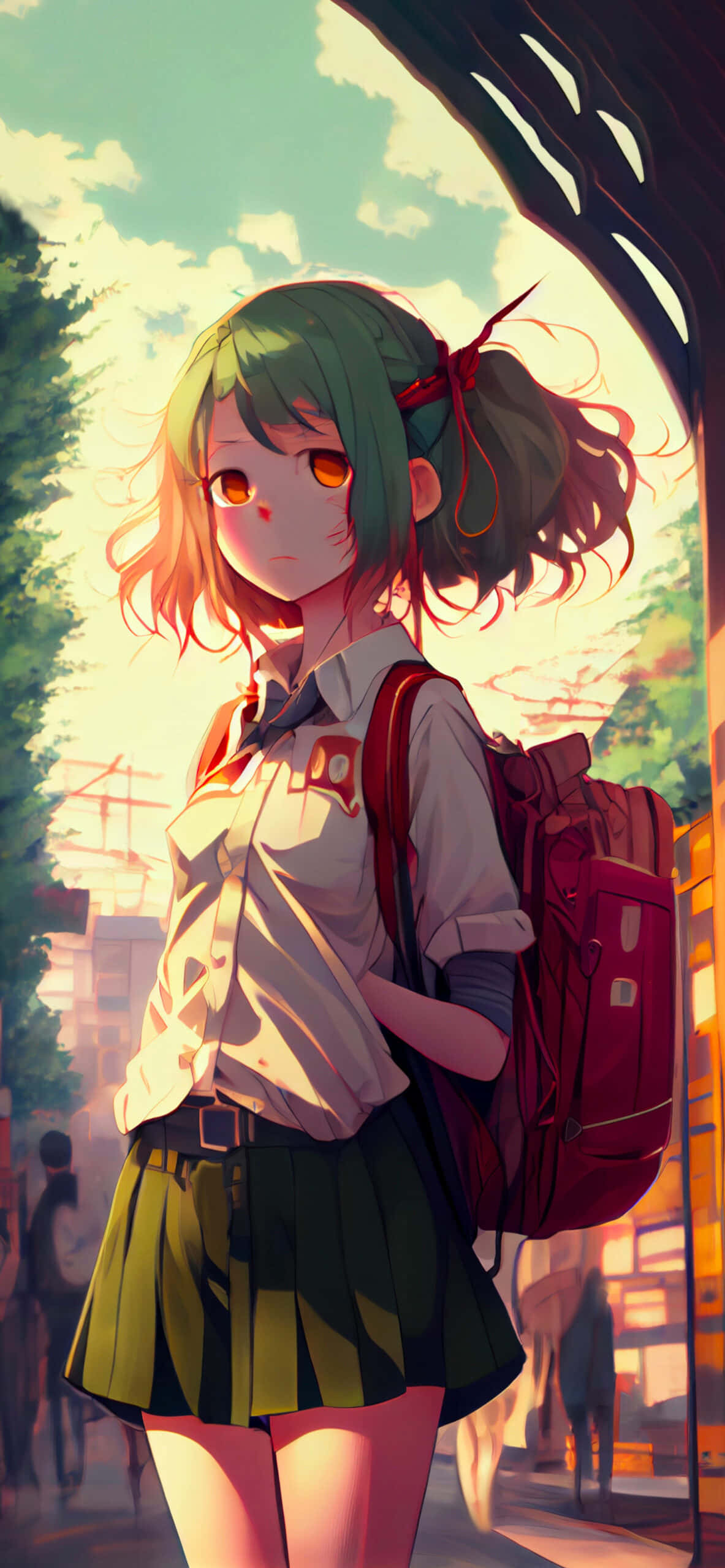 動漫女孩 桌布 壁紙 — 一個綠髮動漫女孩穿著校服，背著紅色背包，站在陽光明媚的街道上的樹下。