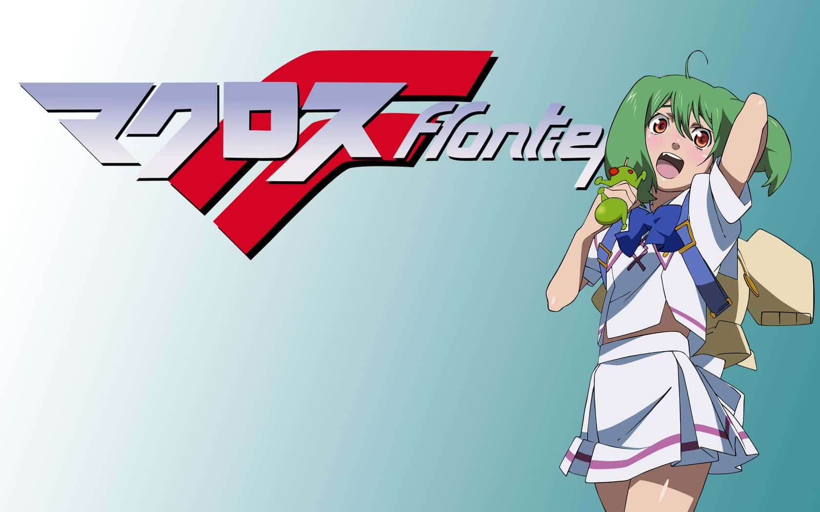 Macross 桌布 壁紙 — 一個綠髮動漫女孩穿著白色校服，抱著一個綠色小生物，站在Macross Frontier標誌旁邊。