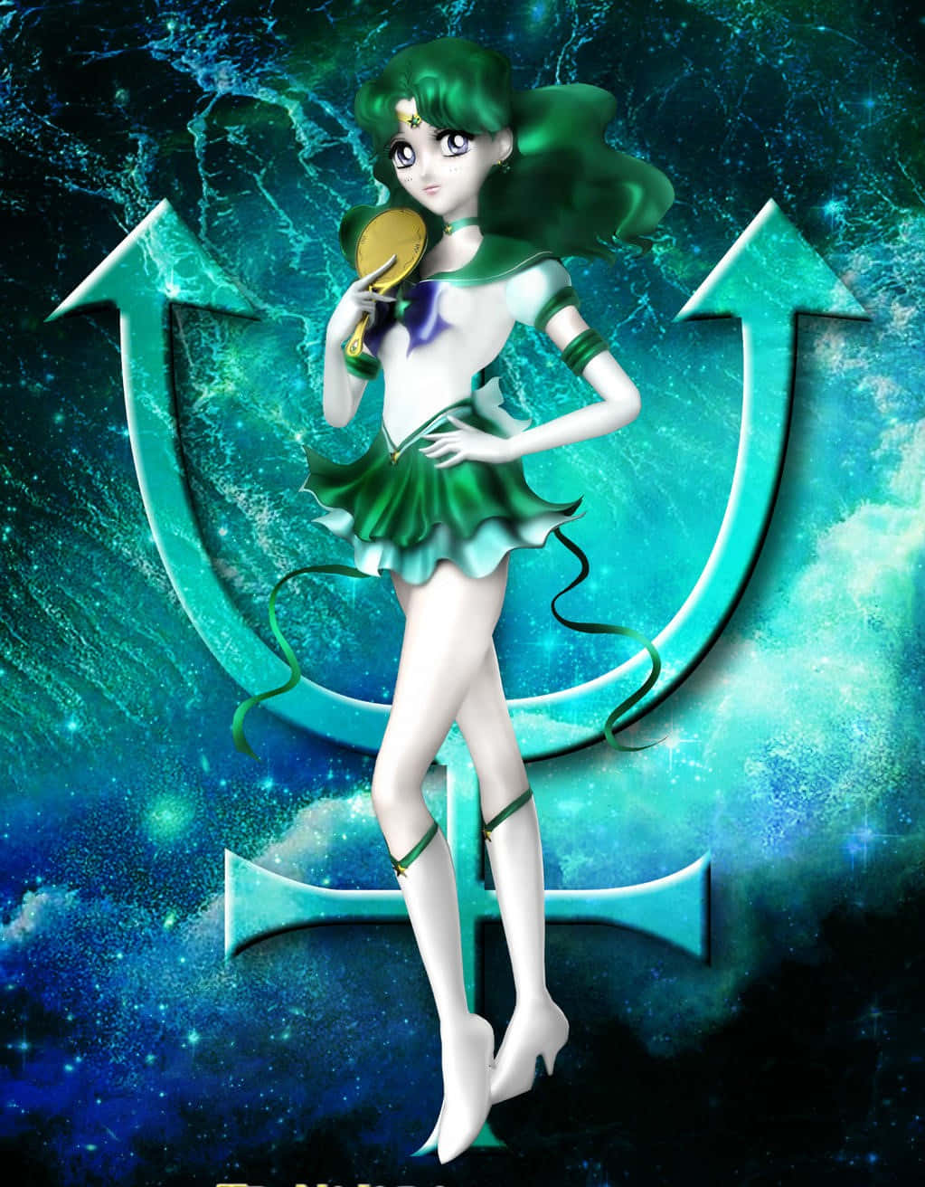 sailor neptune 桌布 壁紙 — 一個綠髮動漫女孩穿著綠色水手服，手持鏡子，背景是宇宙藍綠色和藍色星空，帶有一個大箭頭符號。
