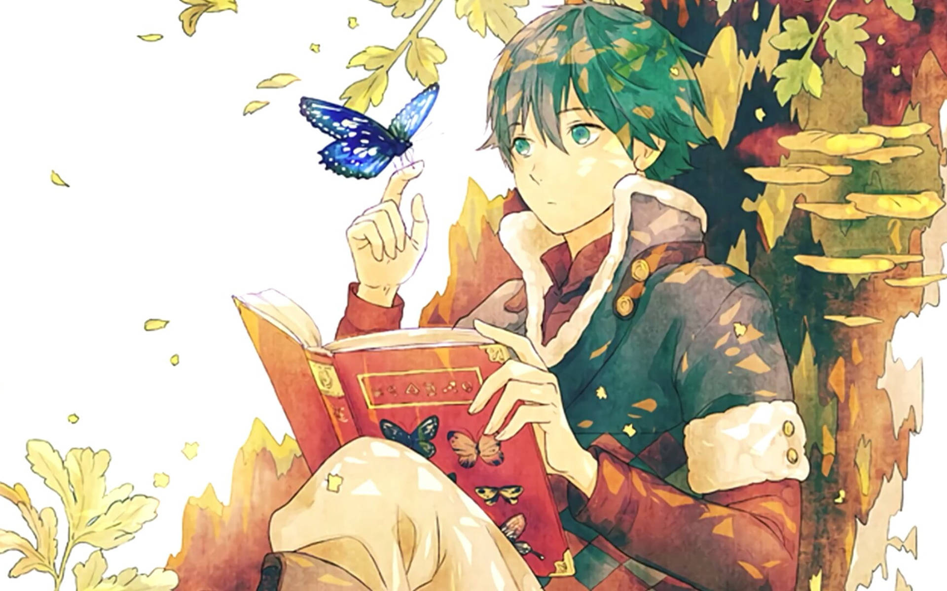 Reading 桌布 壁紙 — 一個綠髮動漫男孩在秋葉下讀紅書，一隻藍蝴蝶停在他的手指上。