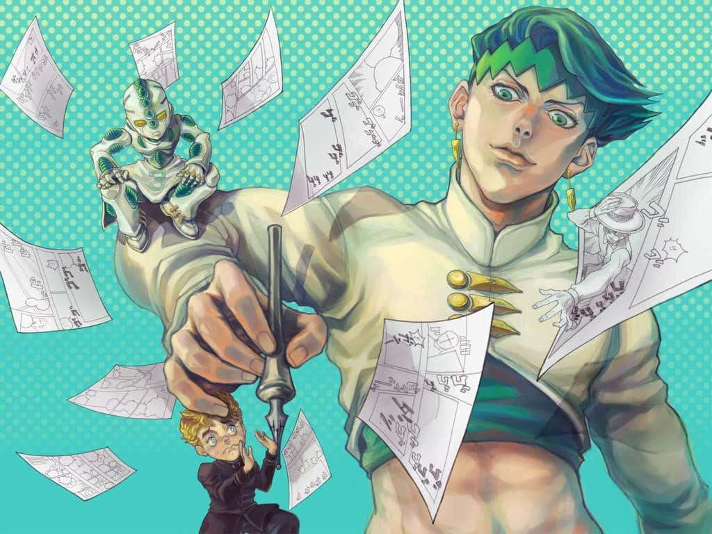 Rohan Kishibe 桌布 壁紙 — 一個綠髮動漫英雄拿著筆，漫畫格和一個小男孩在他周圍漂浮，背景是青綠色波點。