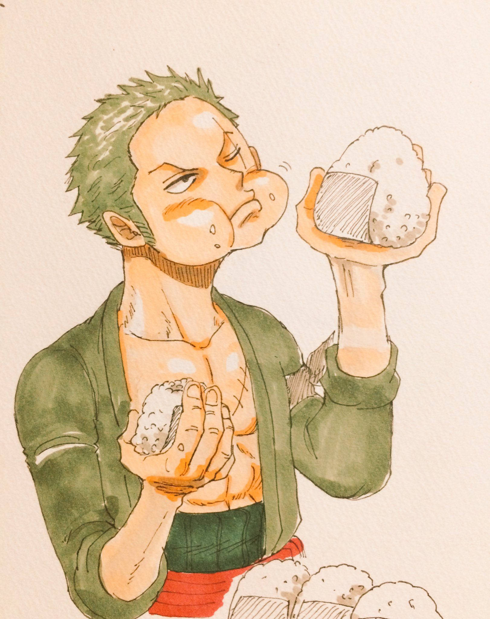 綠髮動漫角色帶著飢餓的表情拿著飯糰。 — 索隆 GIF 壁紙