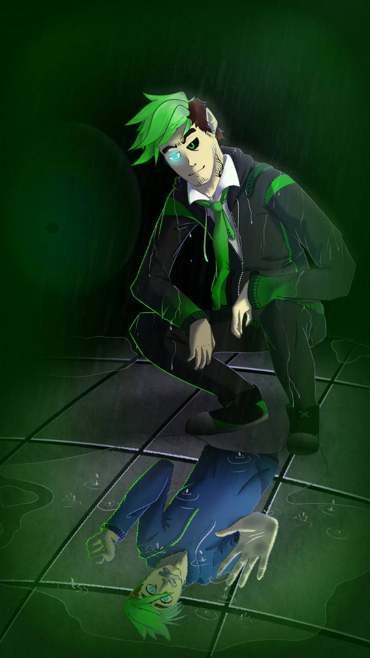 Jacksepticeye 桌布 壁紙 — 一個綠髮動漫角色跪在雨水浸濕的綠光中，上方是一個反射的水坑，映照出他墮落的自我。