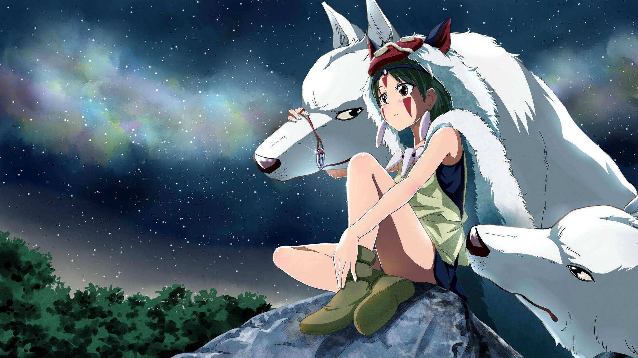 Princess 桌布 壁紙 — 一個綠髮少女坐在岩石露頭上，在星空下，伴隨著兩隻巨大的白色狼靈。