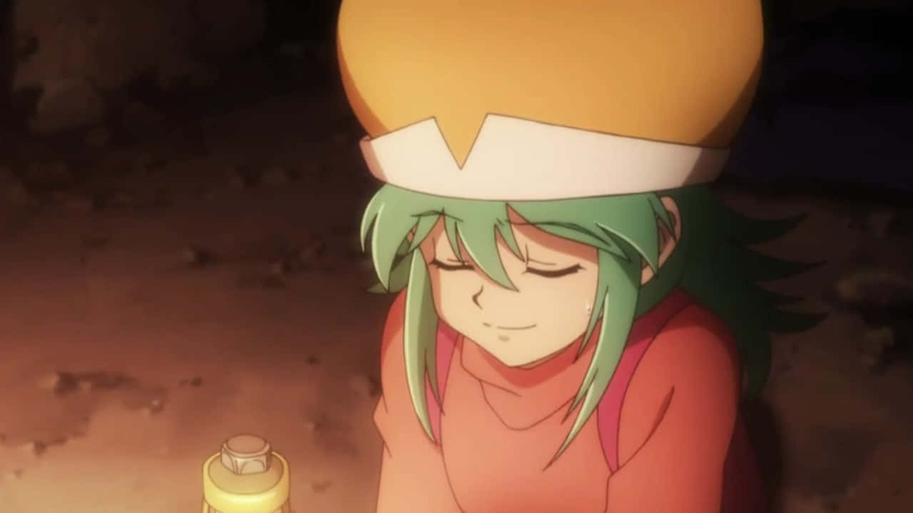 Hunter X Hunter Ponzu 桌布 壁紙 — 一個綠髮戴黃帽的動漫角色，在昏暗的洞穴中輕輕微笑，手持發光的瓶子。