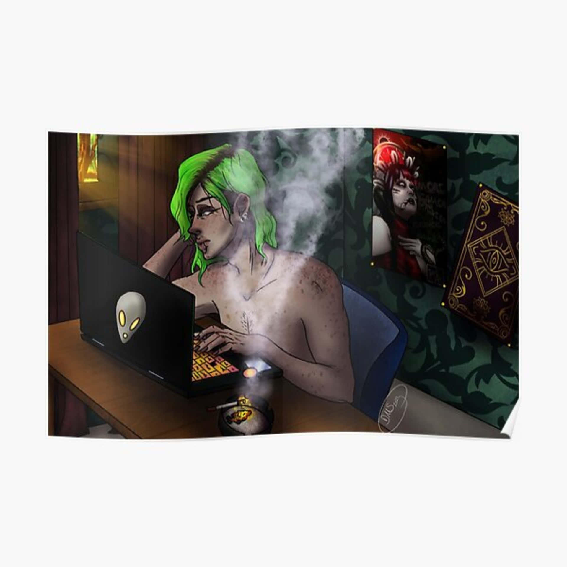 桌布 壁紙 — 一個綠髮的人在昏暗的房間裡，一邊在筆記型電腦上打字，一邊抽菸，房間裡有神秘學海報和發光的外星人標誌。