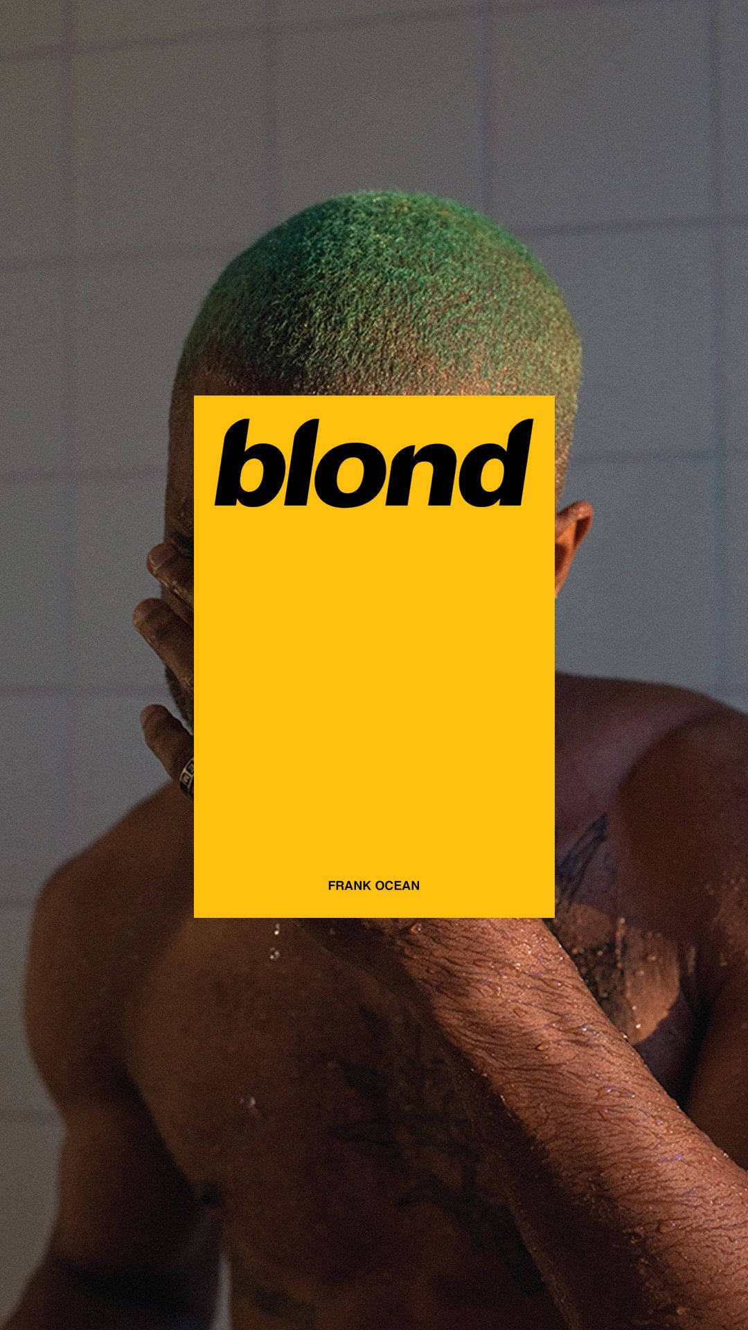 Frank Ocean 桌布 壁紙 — 一個綠髮的人在瓷磚浴室中將黃色專輯封面舉在面前。
