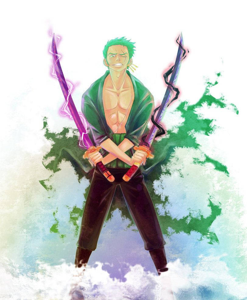 索隆 桌布 壁紙 — 一個綠髮的動漫戰士挑釁地站著，兩把發光的劍交叉在身前，背景是旋轉的綠色和藍色。