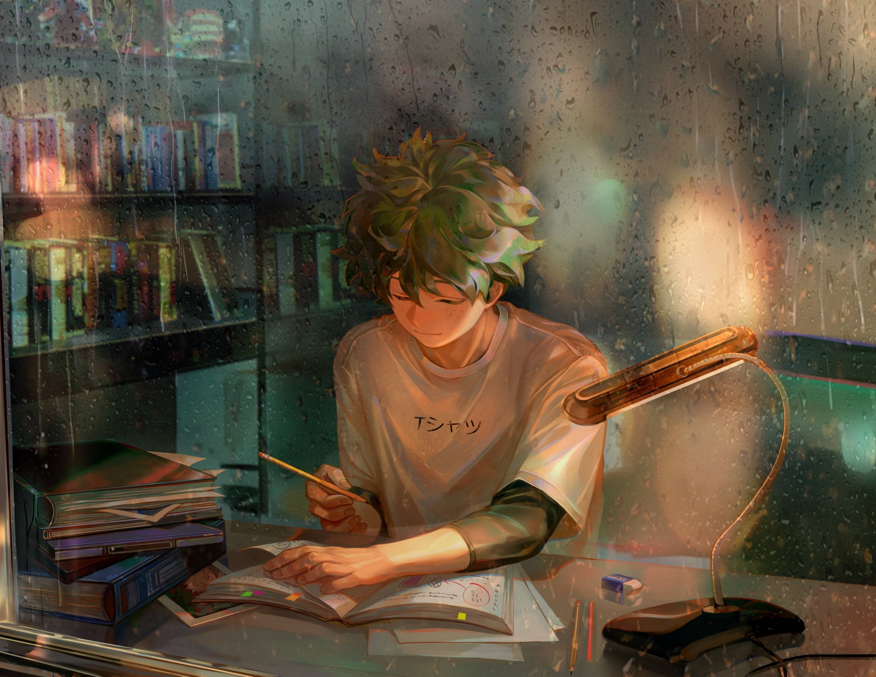 我的英雄學院 桌布 壁紙 — 一個綠髮的年輕動漫男孩在舒適的圖書館裡，在雨痕斑斑的窗邊一盞溫暖的燈下學習。