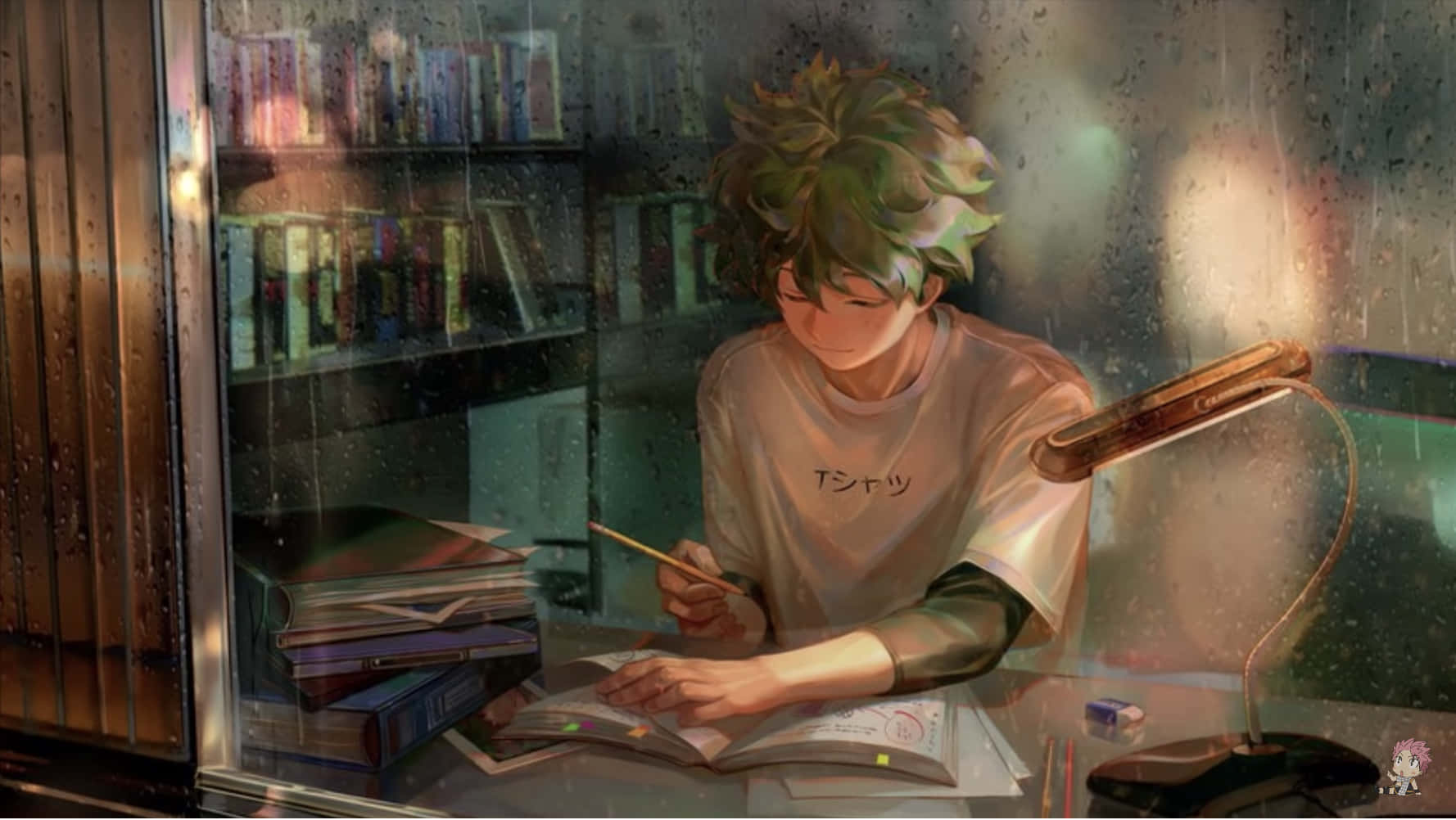 Animated 桌布 壁紙 — 一個綠髮的年輕動漫男孩在舒適的圖書館裡，在雨水斑駁的窗邊書桌燈下學習。