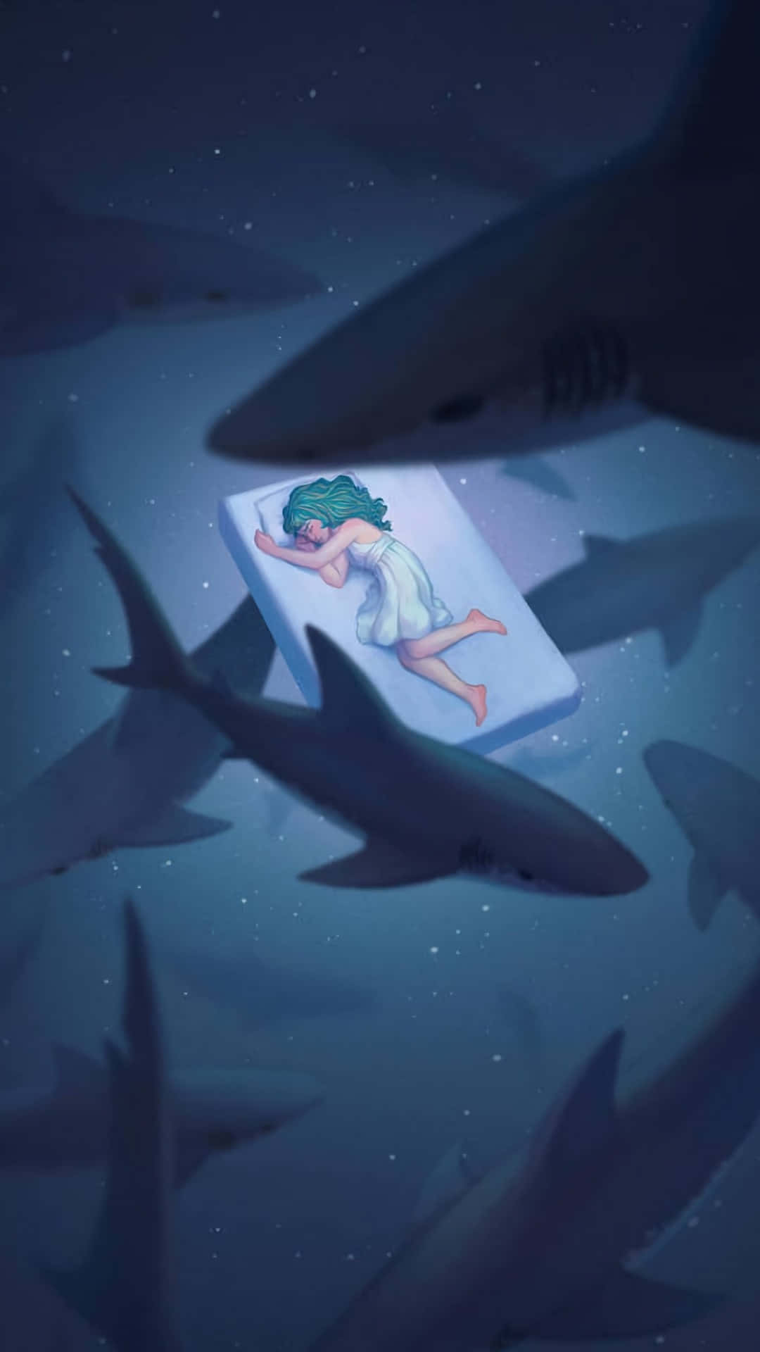 鯊魚 桌布 壁紙 — 一個綠髮的睡著女孩在繁星點點的海洋中，被鯊魚包圍的漂浮床墊上安詳地休息。
