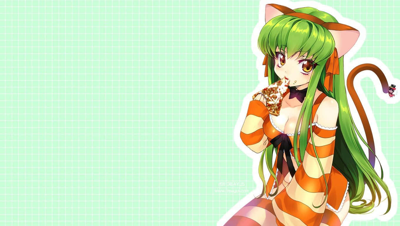Code Geass C.c. 桌布 壁紙 — 一個綠髮的貓耳貓尾動漫女孩在淺綠色網格背景前吃一片披薩。