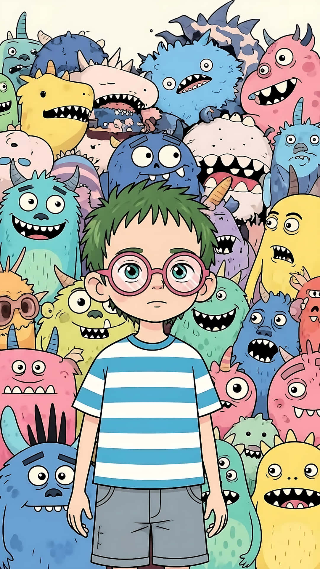 Cute Little Boy Among Silly Cartoon Monsters Wallpaper 壁紙 — 一個綠髮粉紅眼鏡的男孩冷靜地站在一群色彩繽紛的卡通怪物中。