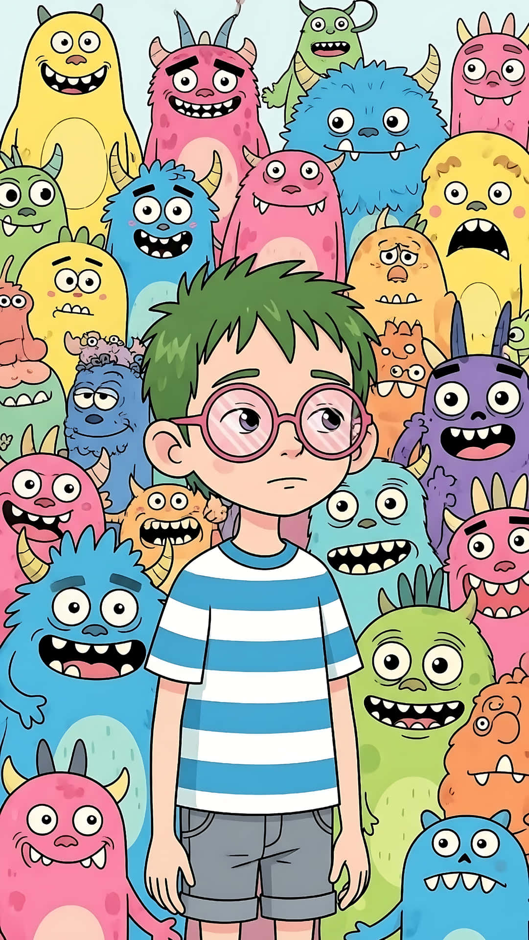 Whimsical Cartoon Boy and Happy Monsters Background Wallpaper 壁紙 — 一個綠髮粉紅眼鏡的男孩平靜地站在一群色彩繽紛、表情各異的卡通怪物中。