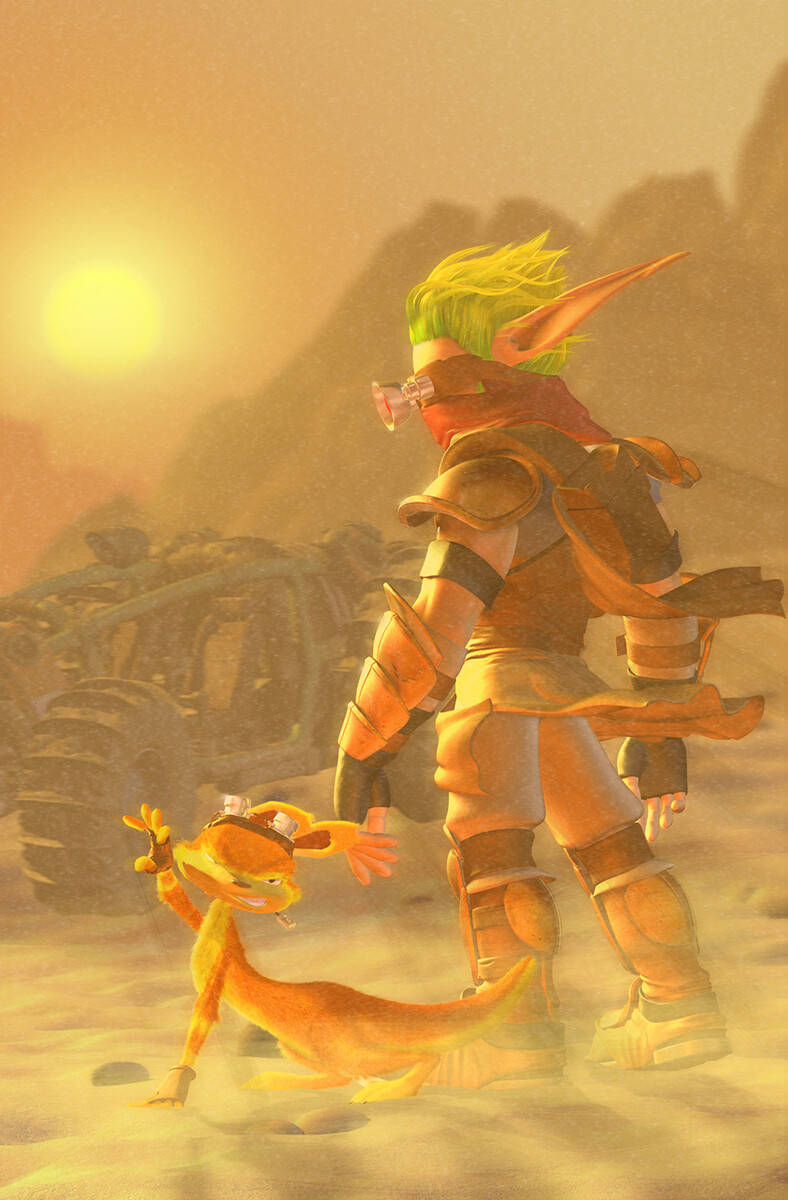 Jak 3 桌布 壁紙 — 一個綠髮精靈戰士和他的橙色狐狸同伴站在塵土飛揚的沙漠中，夕陽西下，身後有一輛破損的車輛。