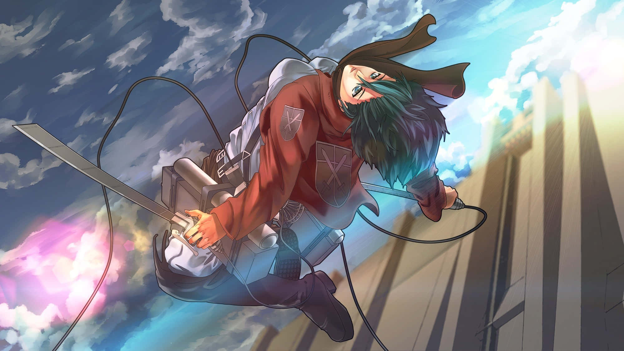 Mikasa Ackerman 桌布 壁紙 — 一個綠髮紅外套的動漫角色，在雲層密佈的天空中揮劍飛翔，並使用立體機動裝置。